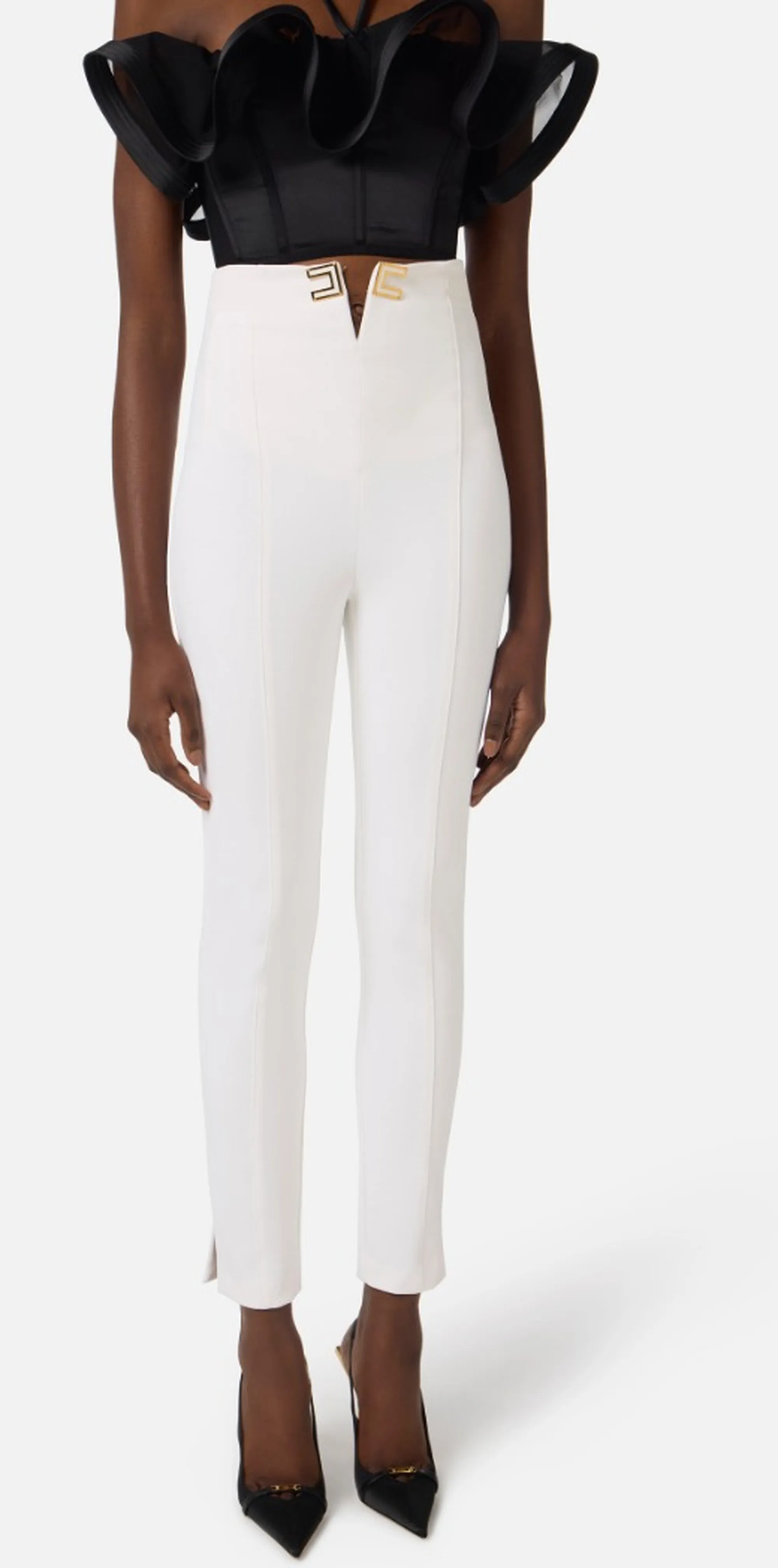 Elisabetta Franchi B'Double Stretch Crepe Trousers With Logo Details' Ivory Pa16361E2 172418