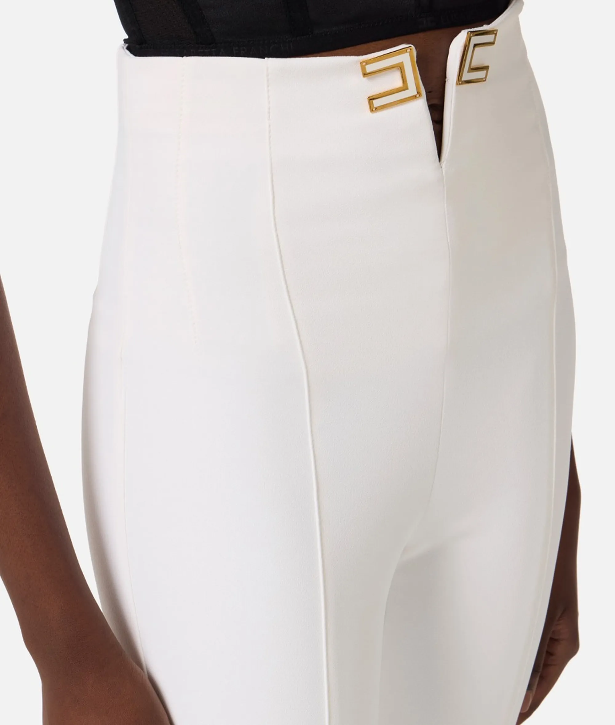 Elisabetta Franchi B'Double Stretch Crepe Trousers With Logo Details' Ivory Pa16361E2 172419