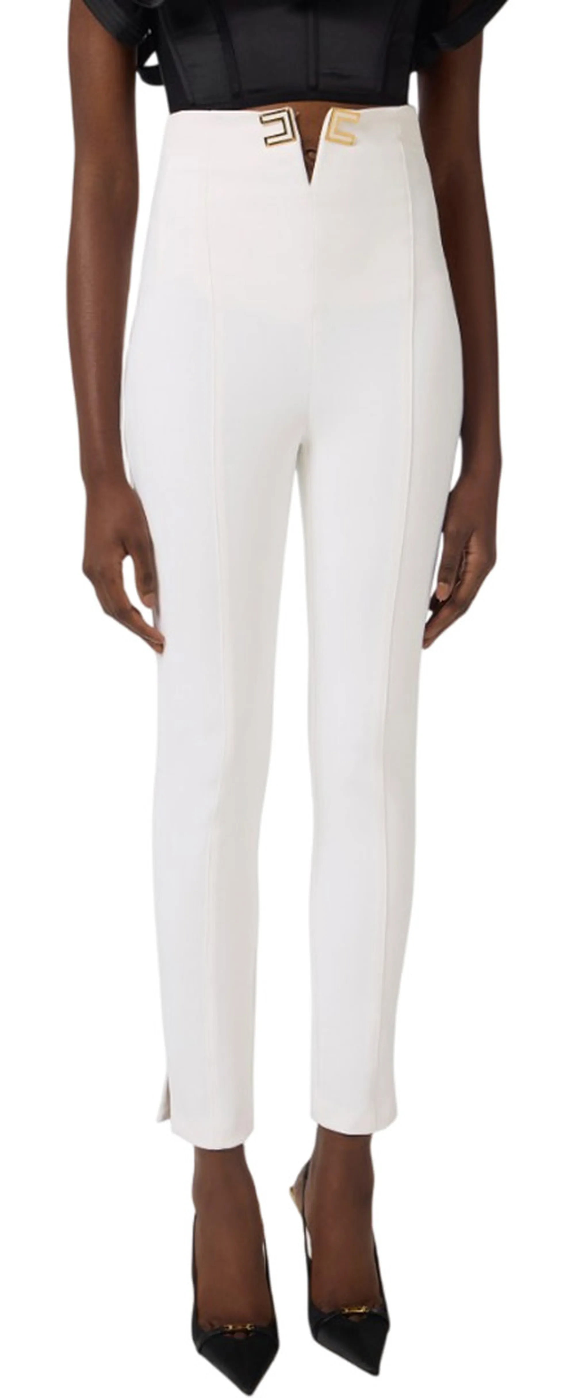 Elisabetta Franchi B'Double Stretch Crepe Trousers With Logo Details' Ivory Pa16361E2 178041