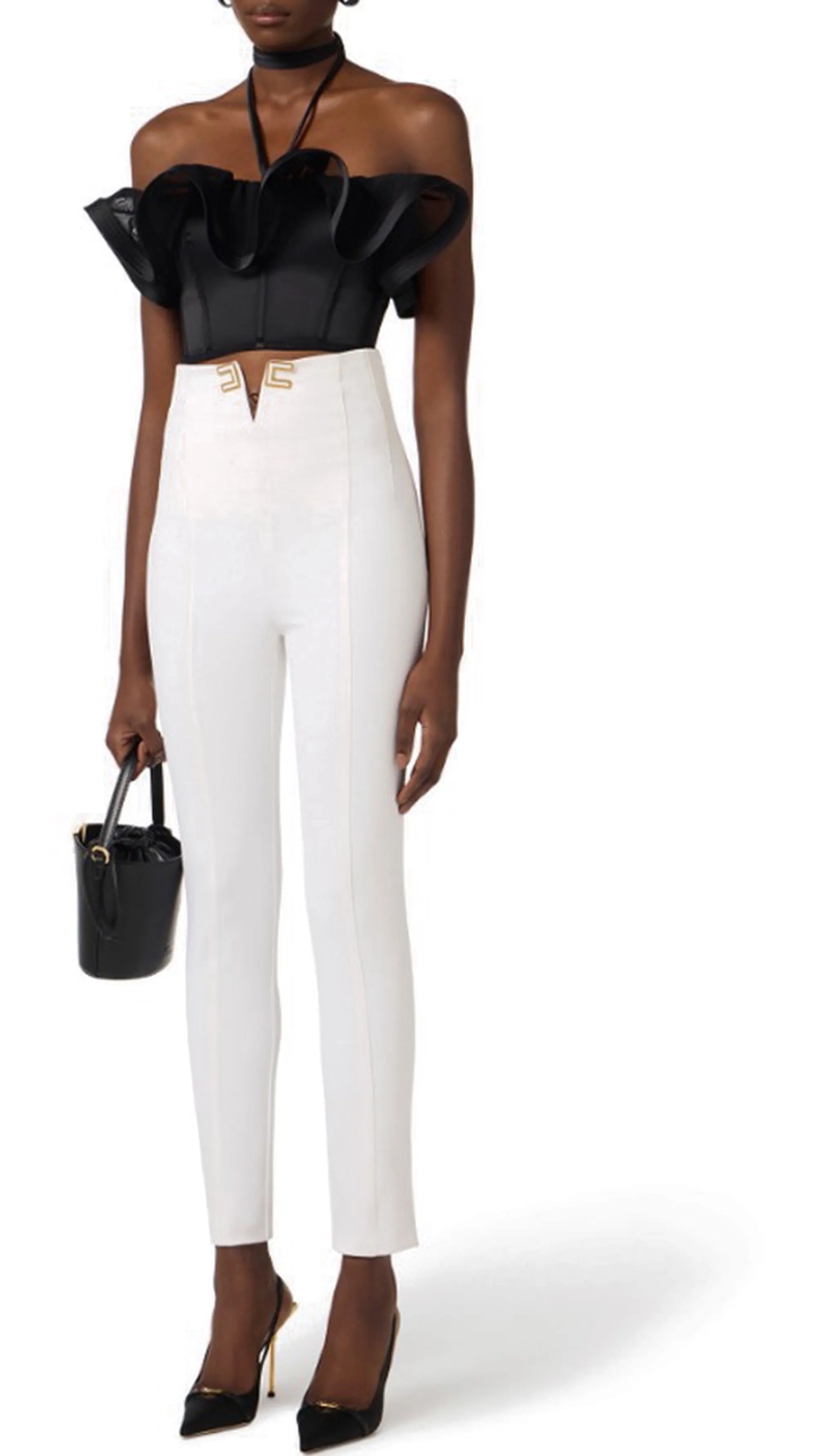 Elisabetta Franchi B'Double Stretch Crepe Trousers With Logo Details' Ivory Pa16361E2 178042