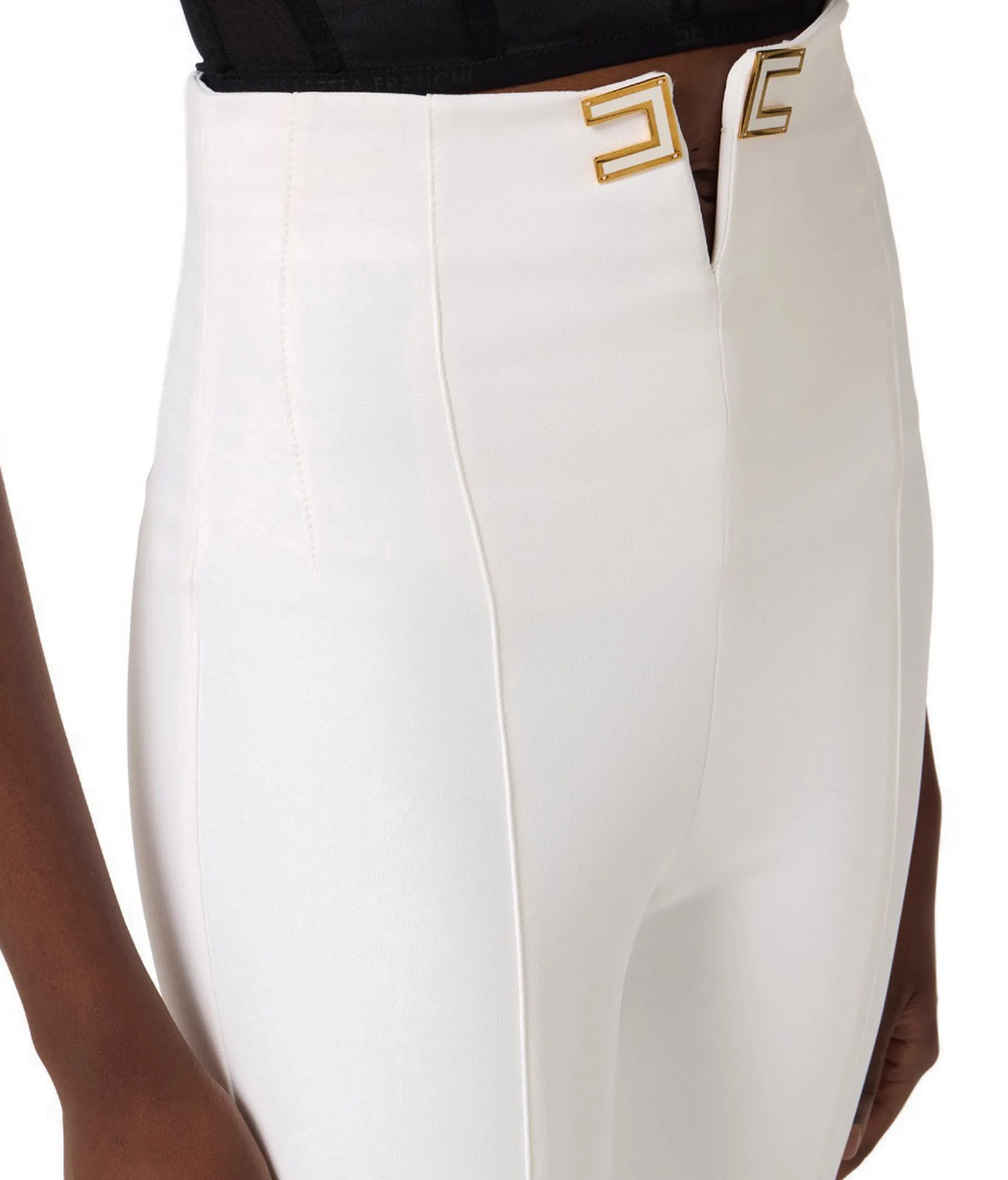 Elisabetta Franchi B'Double Stretch Crepe Trousers With Logo Details' Ivory Pa16361E2 178044
