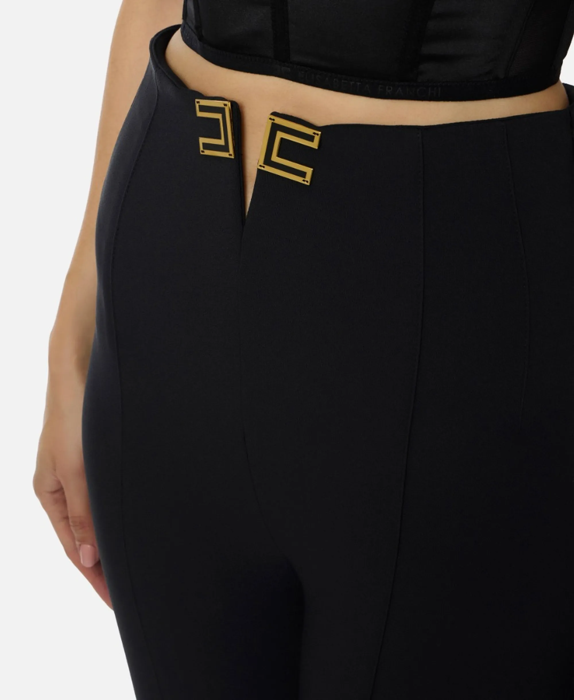 Elisabetta Franchi B'Double Stretch Crepe Trousers With Logo Details' Black Pa16361E2 172414