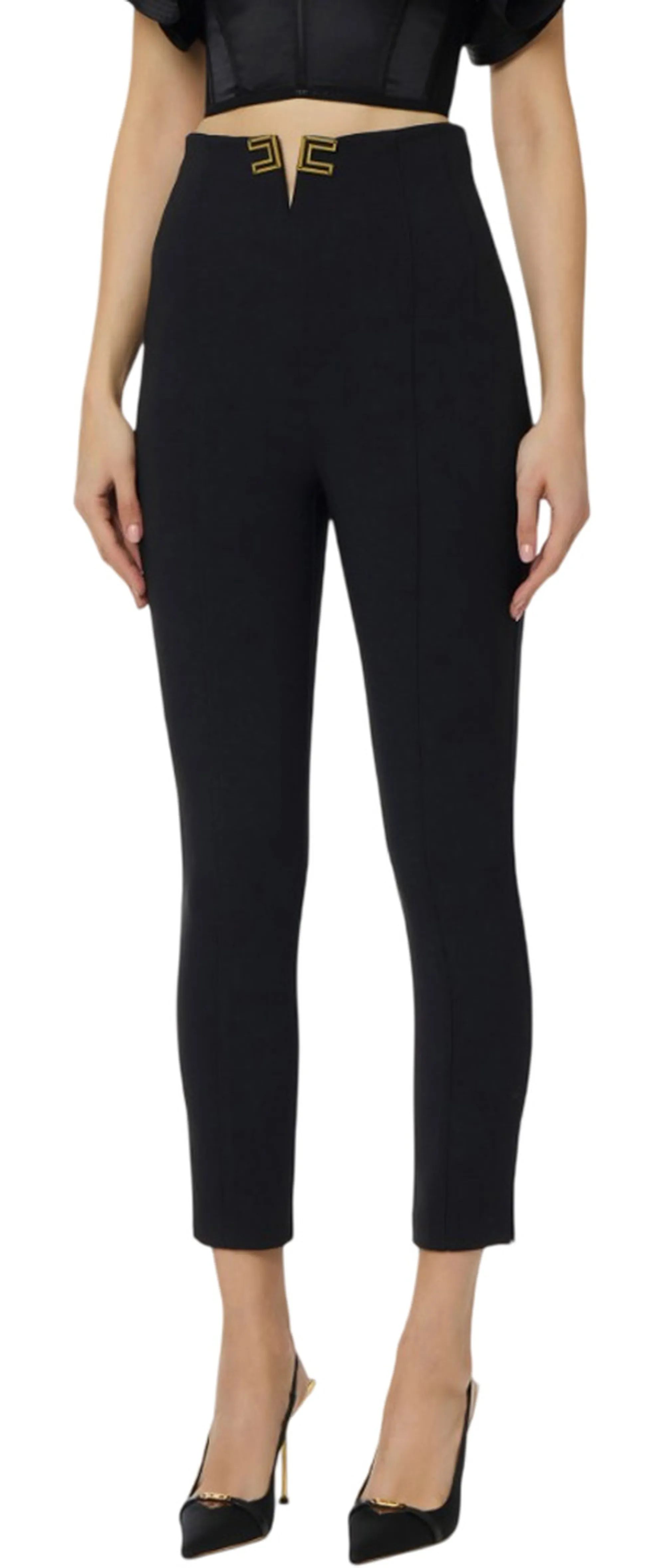 Elisabetta Franchi B'Double Stretch Crepe Trousers With Logo Details' Black Pa16361E2 178039