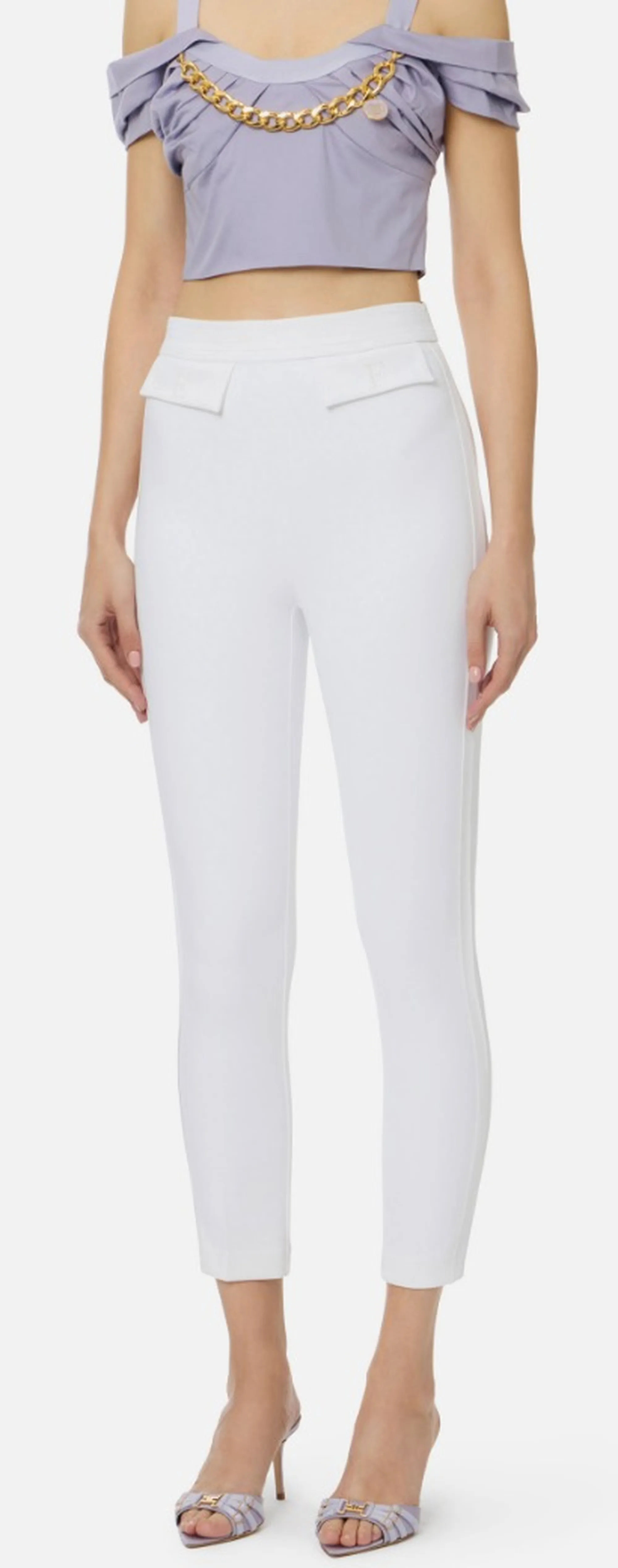 Elisabetta Franchi B'Double Stretch Crepe Trousers With Embroidered Logo' Ivory Pa17061E2 172013