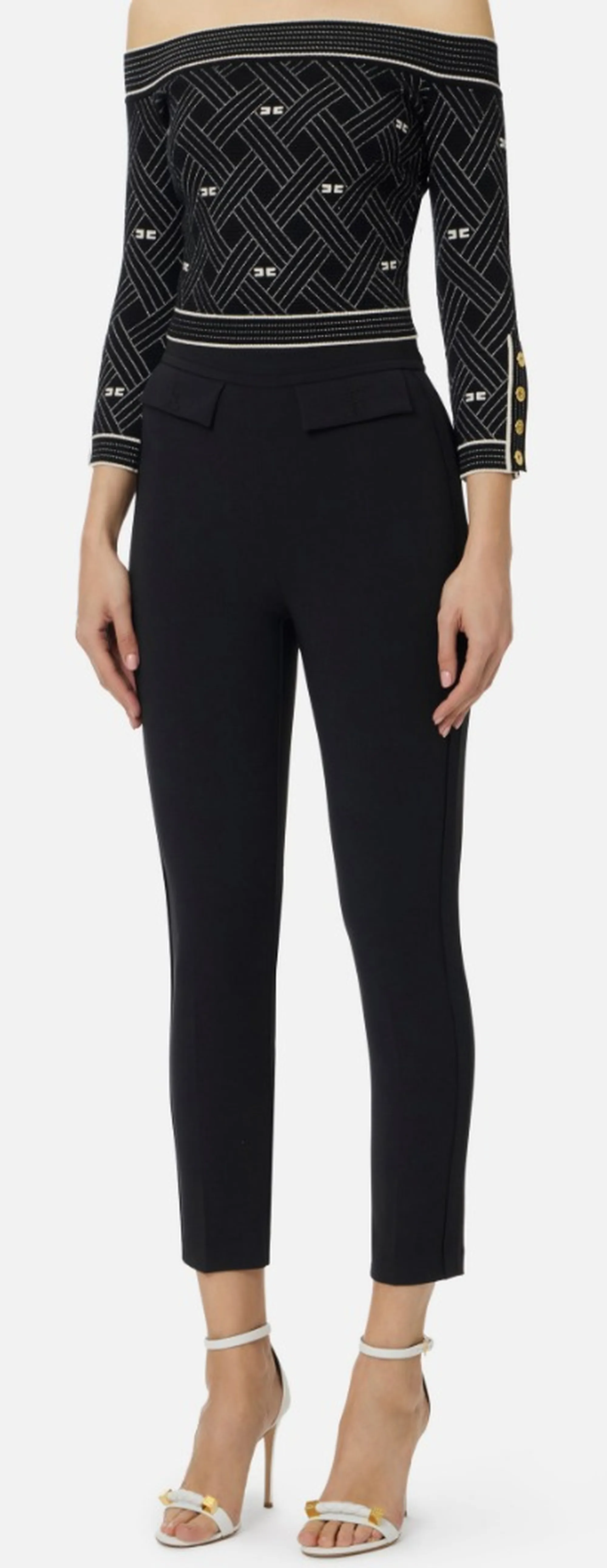 Elisabetta Franchi B'Double Stretch Crepe Trousers With Embroidered Logo' Black Pa17061E2 172009