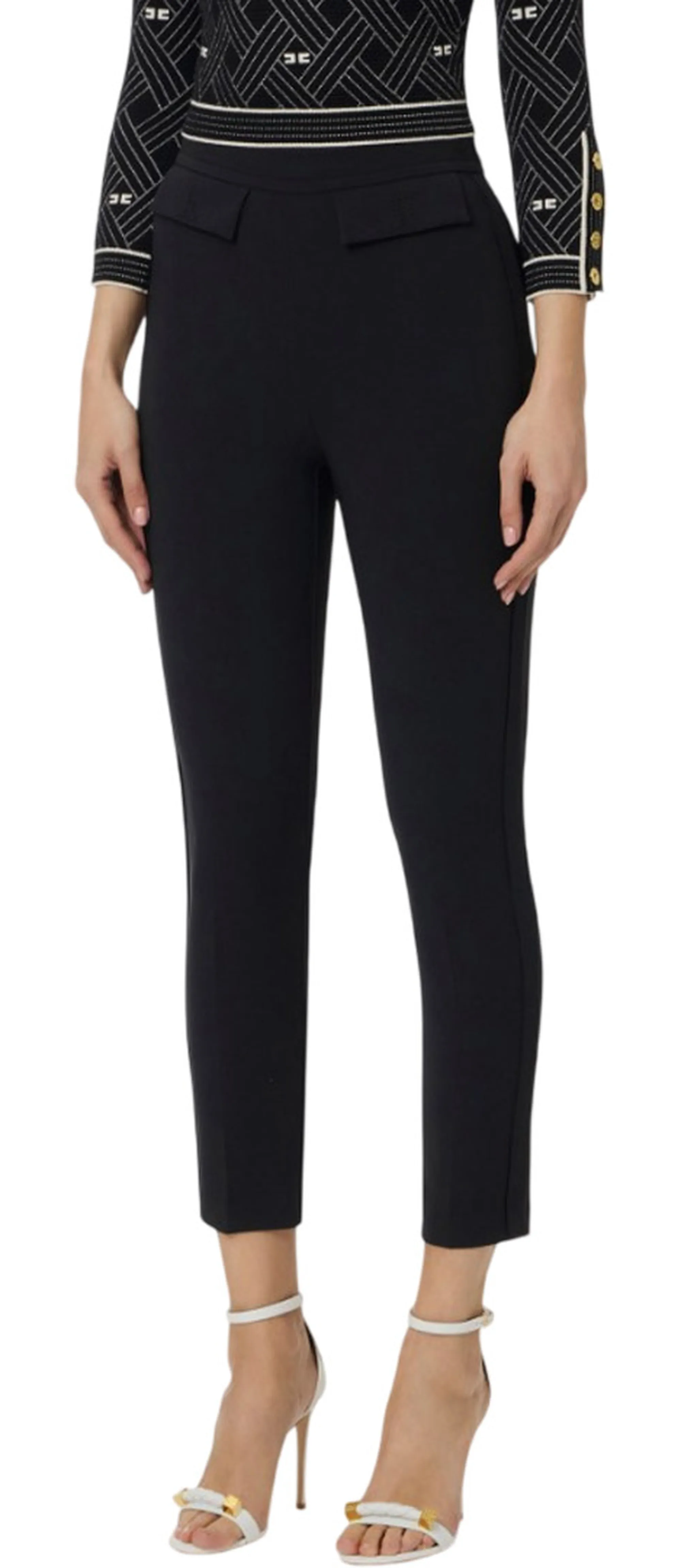 Elisabetta Franchi B'Double Stretch Crepe Trousers With Embroidered Logo' Black Pa17061E2 177822