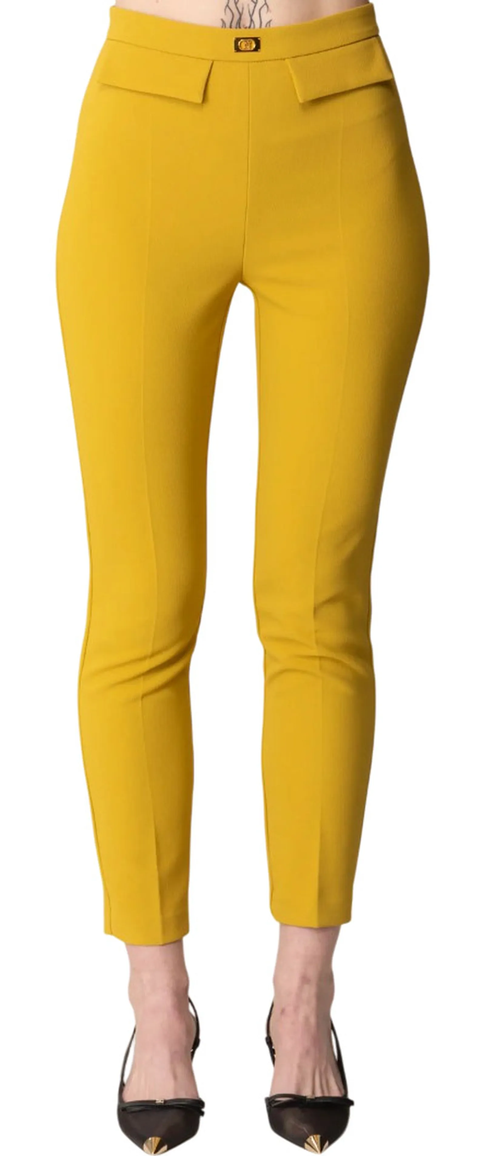 Elisabetta Franchi Pantalone Slim In Crepe Con Placca Logo Curry Pa07751E2 139658