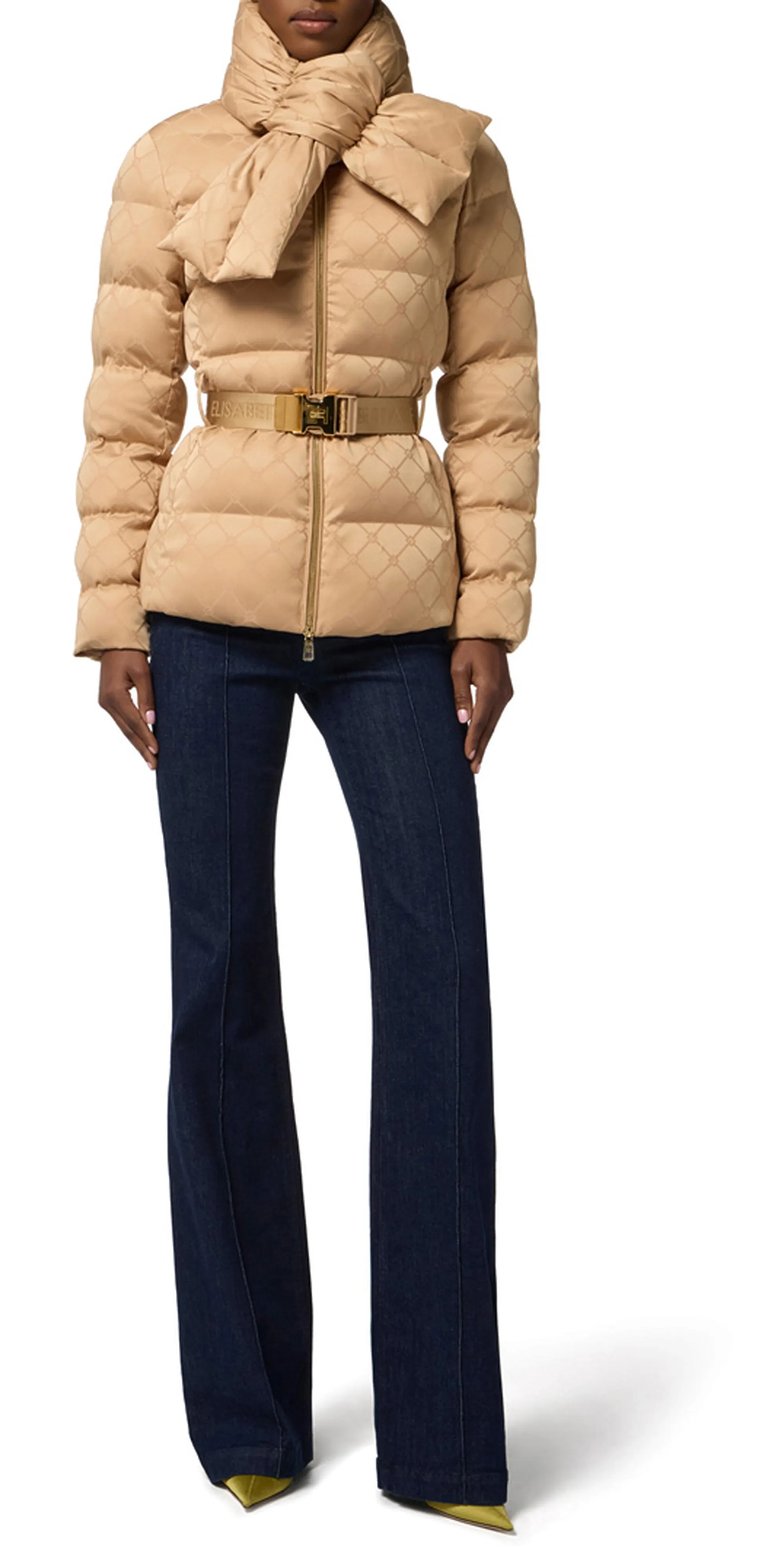 Elisabetta Franchi B'Jacquard Sail Fabric Down Jacket With Belt' Honey Pi83D56E2 160163