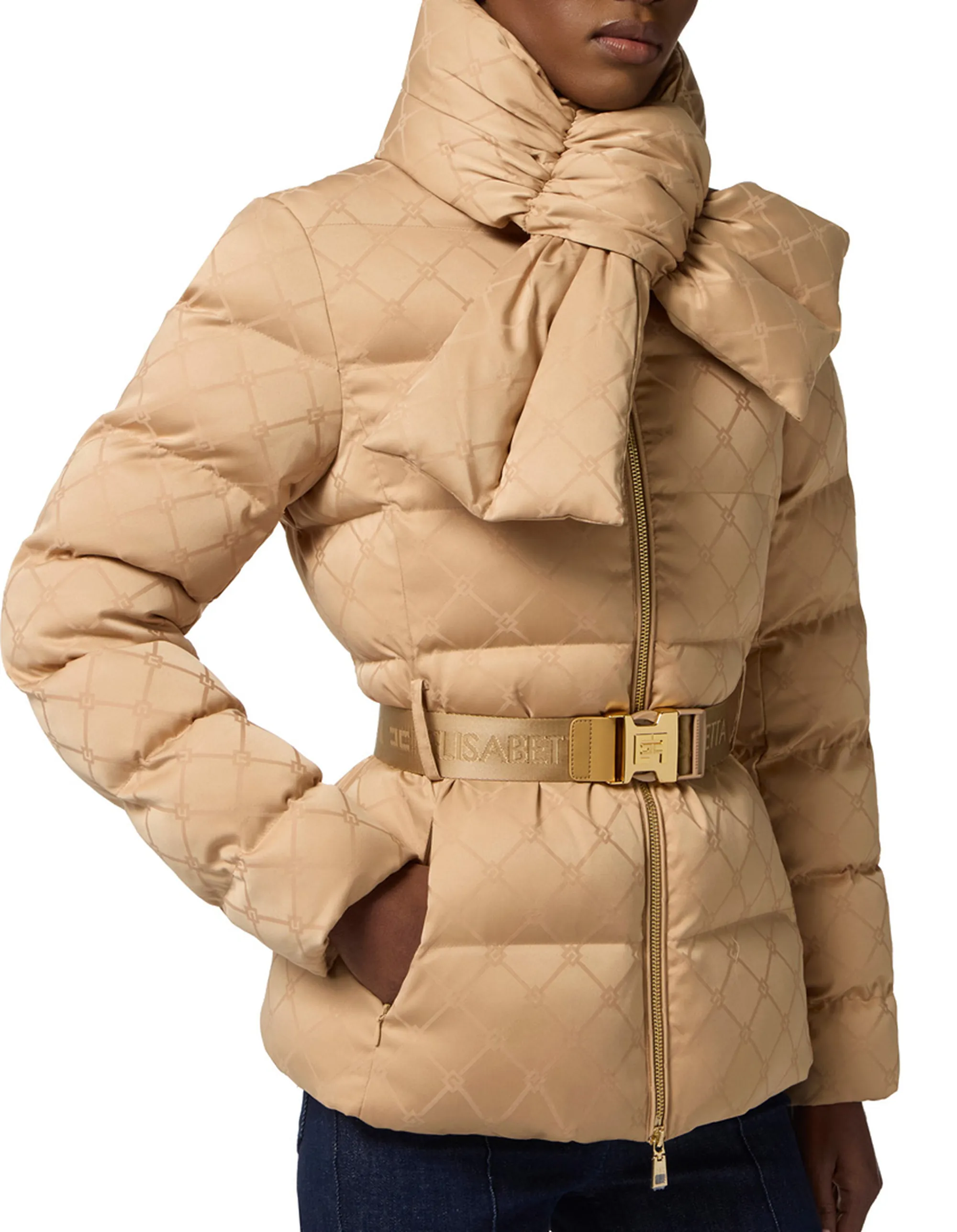 Elisabetta Franchi B'Jacquard Sail Fabric Down Jacket With Belt' Honey Pi83D56E2 160165