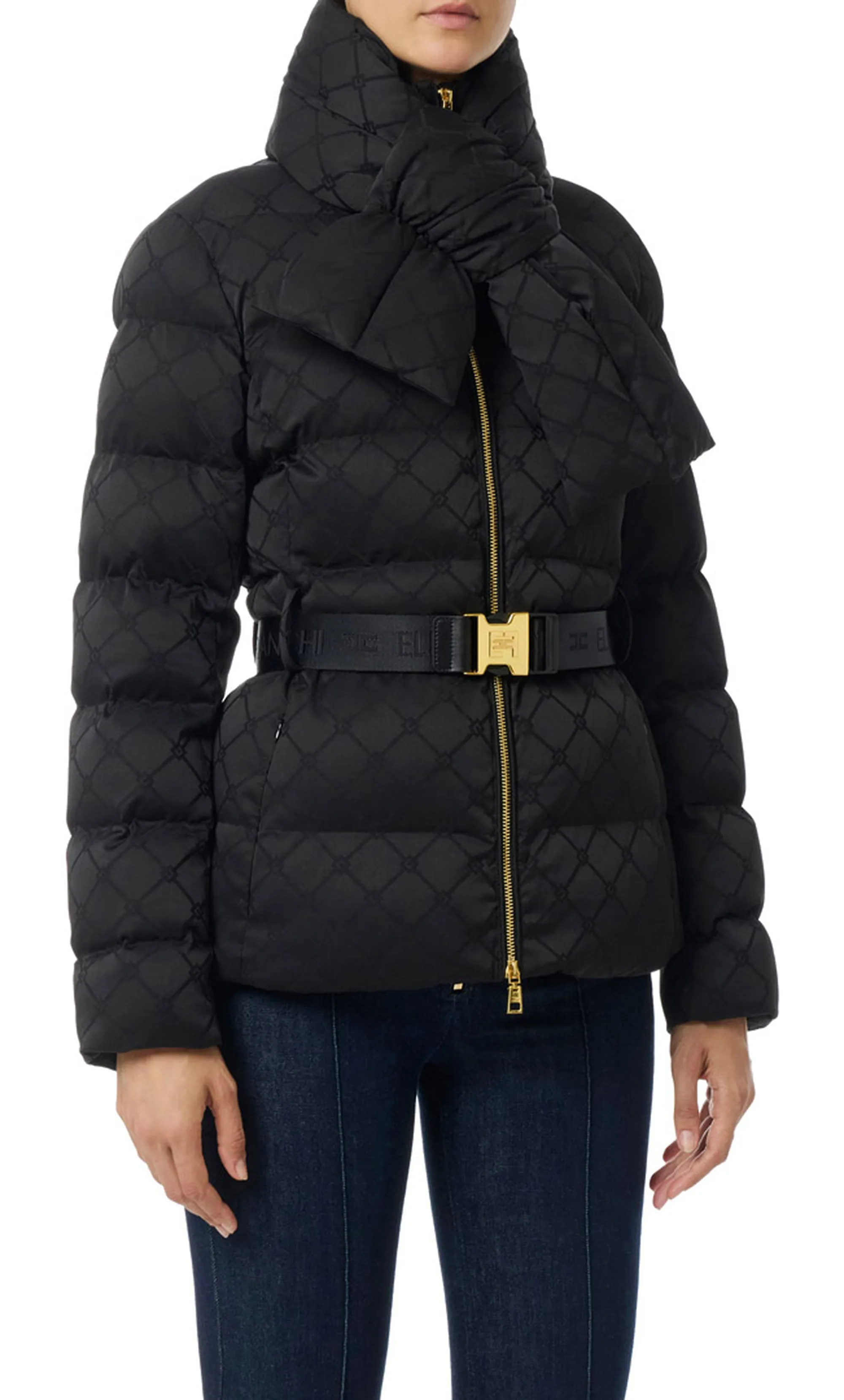 Elisabetta Franchi B'Jacquard Sail Fabric Down Jacket With Belt' Black Pi83D56E2 160162