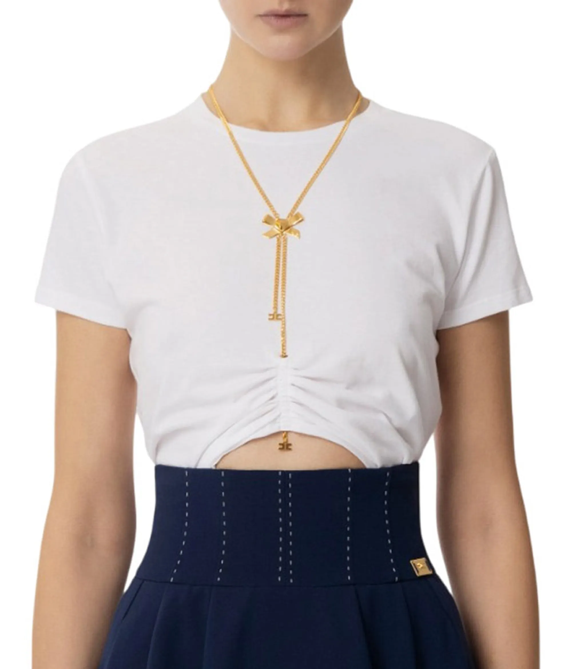 Elisabetta Franchi T-Shirt In Jersey Con Collana A Fiocco Gesso Ma00651E2 169223