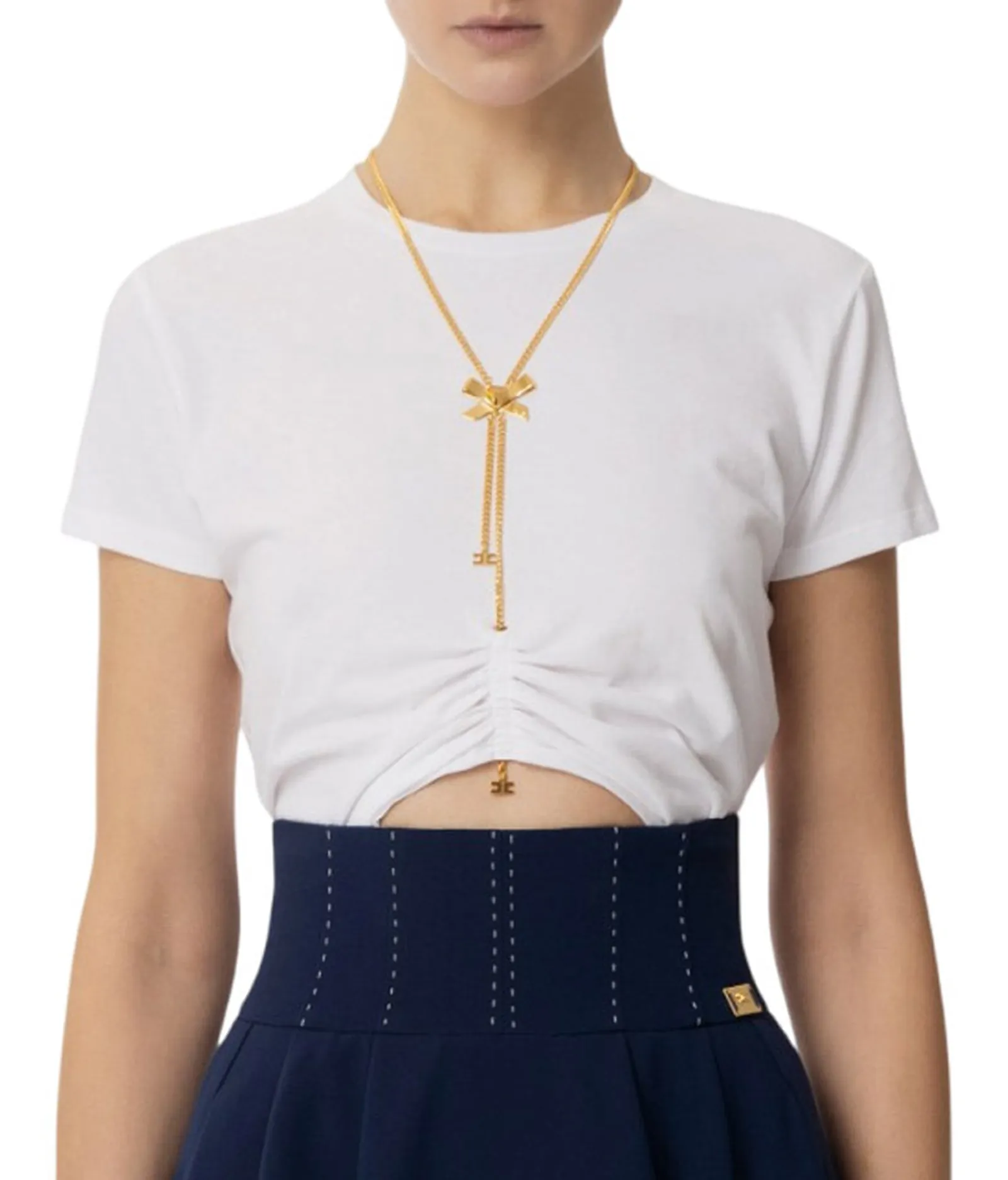 Elisabetta Franchi T-Shirt In Jersey Con Collana A Fiocco Gesso Ma00651E2 169223