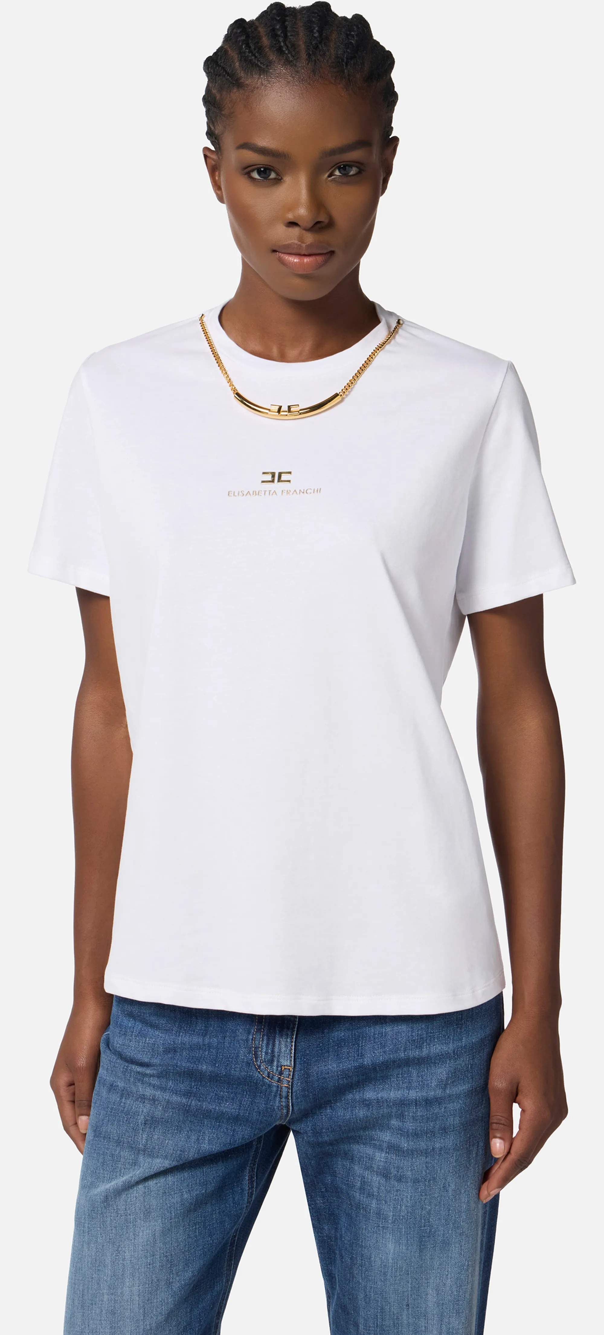 Elisabetta Franchi B'Cotton Jersey T-Shirt With Necklace' Gesso Ma02856E2 153162