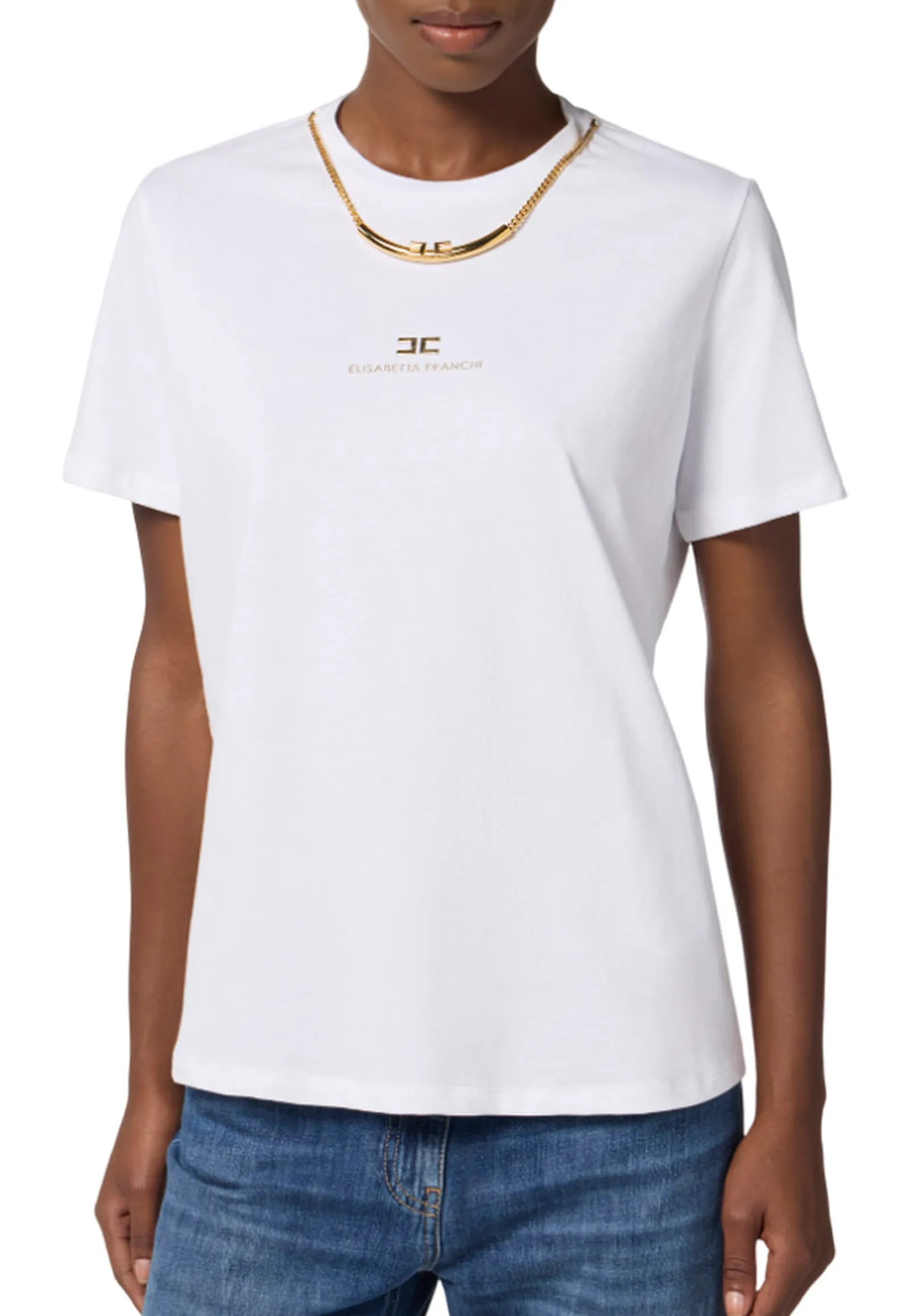 Elisabetta Franchi T-Shirt In Jersey Di Cotone Con Collana Gesso Ma02856E2 153623
