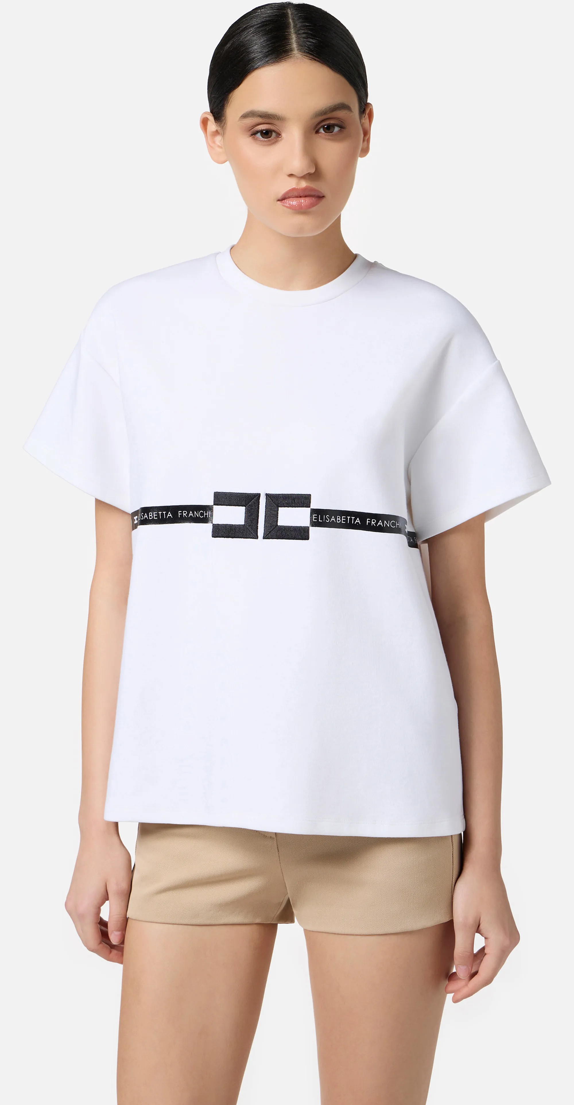 Elisabetta Franchi B'Heavy Cotton Jersey T-Shirt With Logo' Gesso Ma02256E2 153150