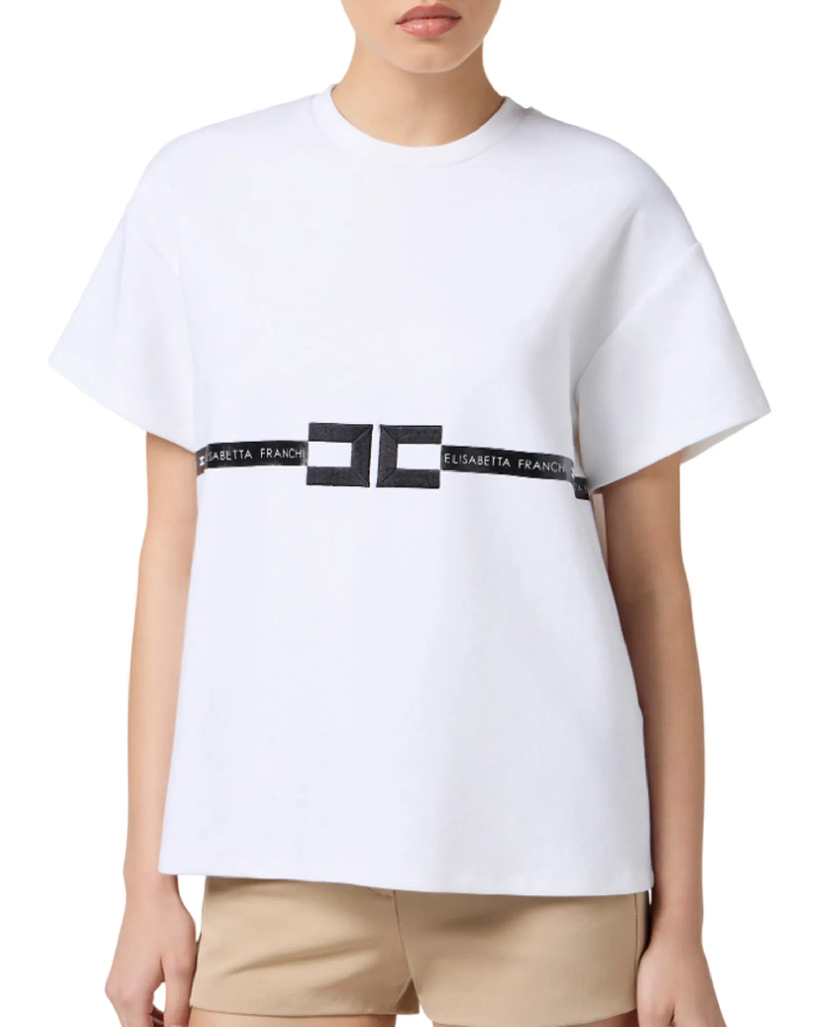 Elisabetta Franchi T-Shirt In Jersey Di Cotone Pesante Con Logo Gesso Ma02256E2 153628