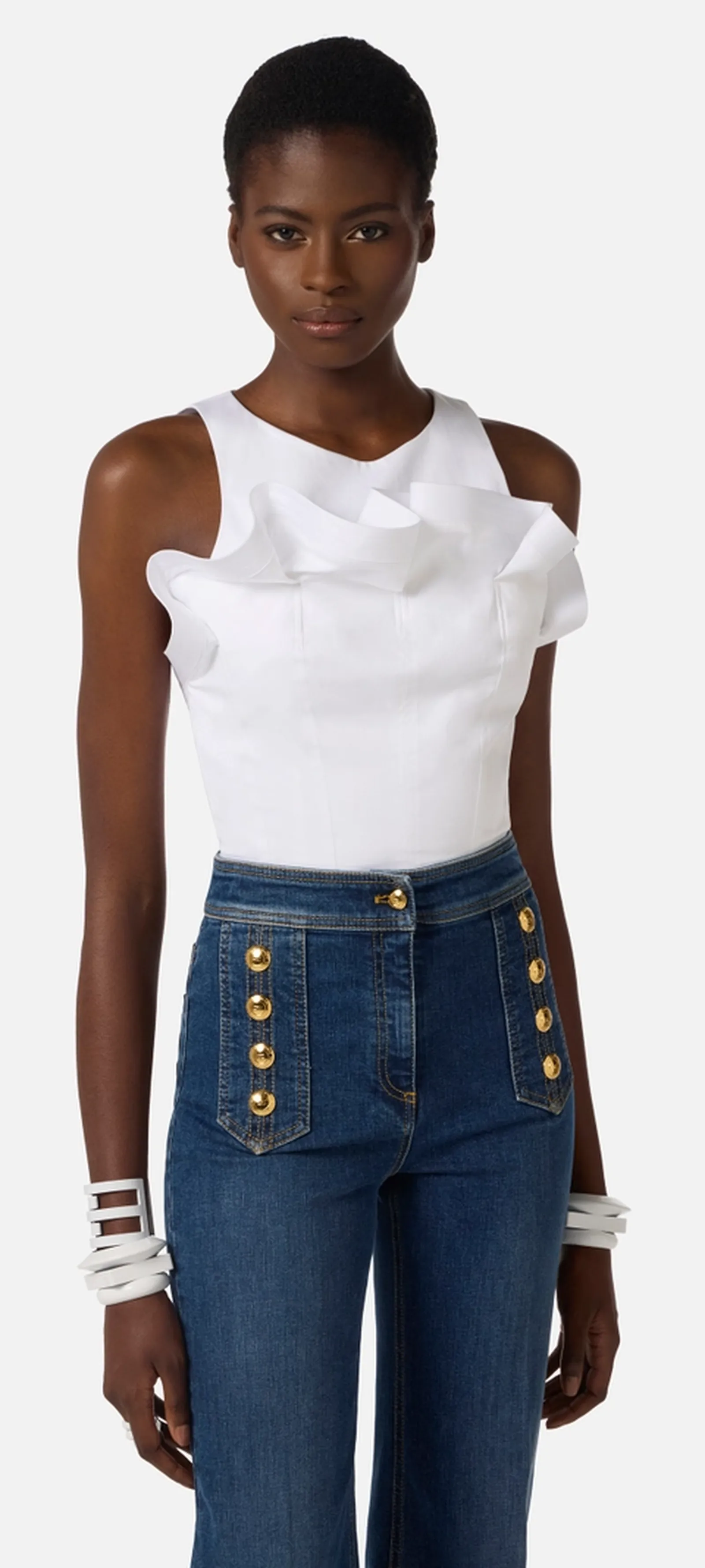 Elisabetta Franchi Top In Cotone Stretch Con Balza Bianco To05462E2 177958