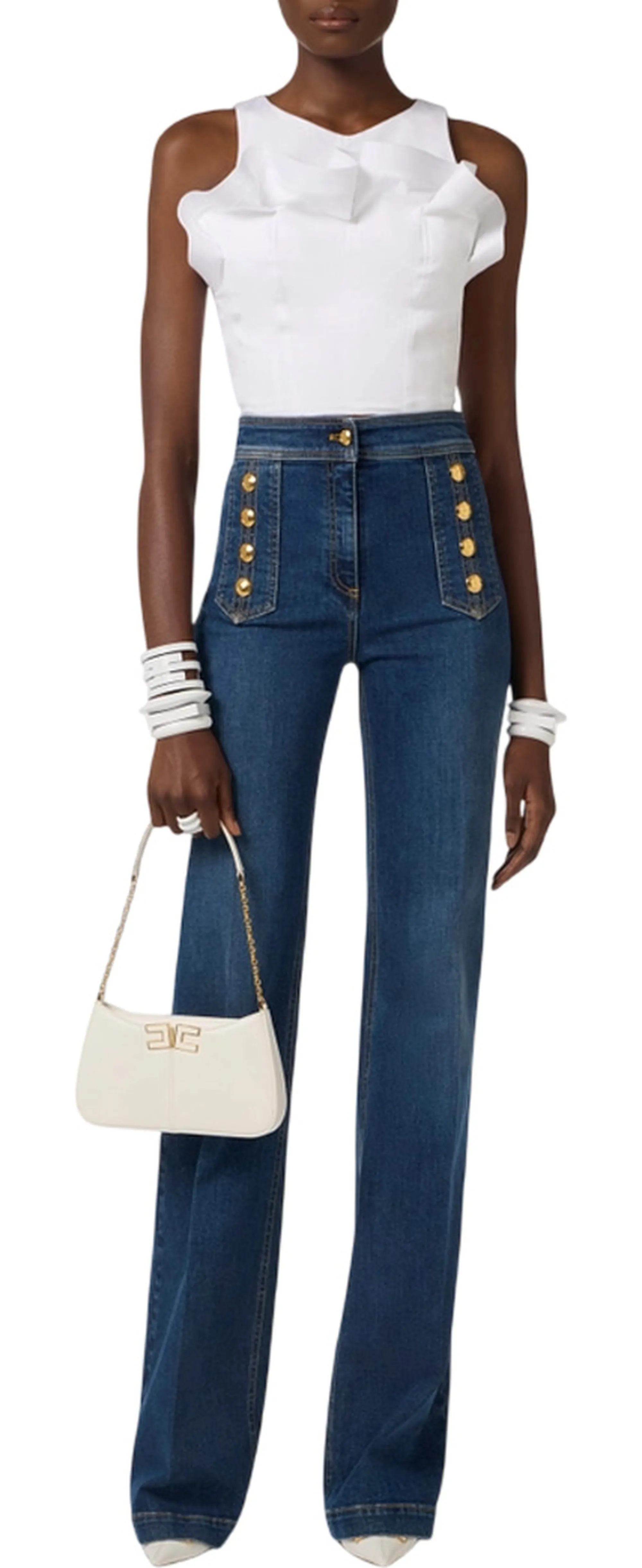 Elisabetta Franchi Top In Cotone Stretch Con Balza Bianco To05462E2 178690