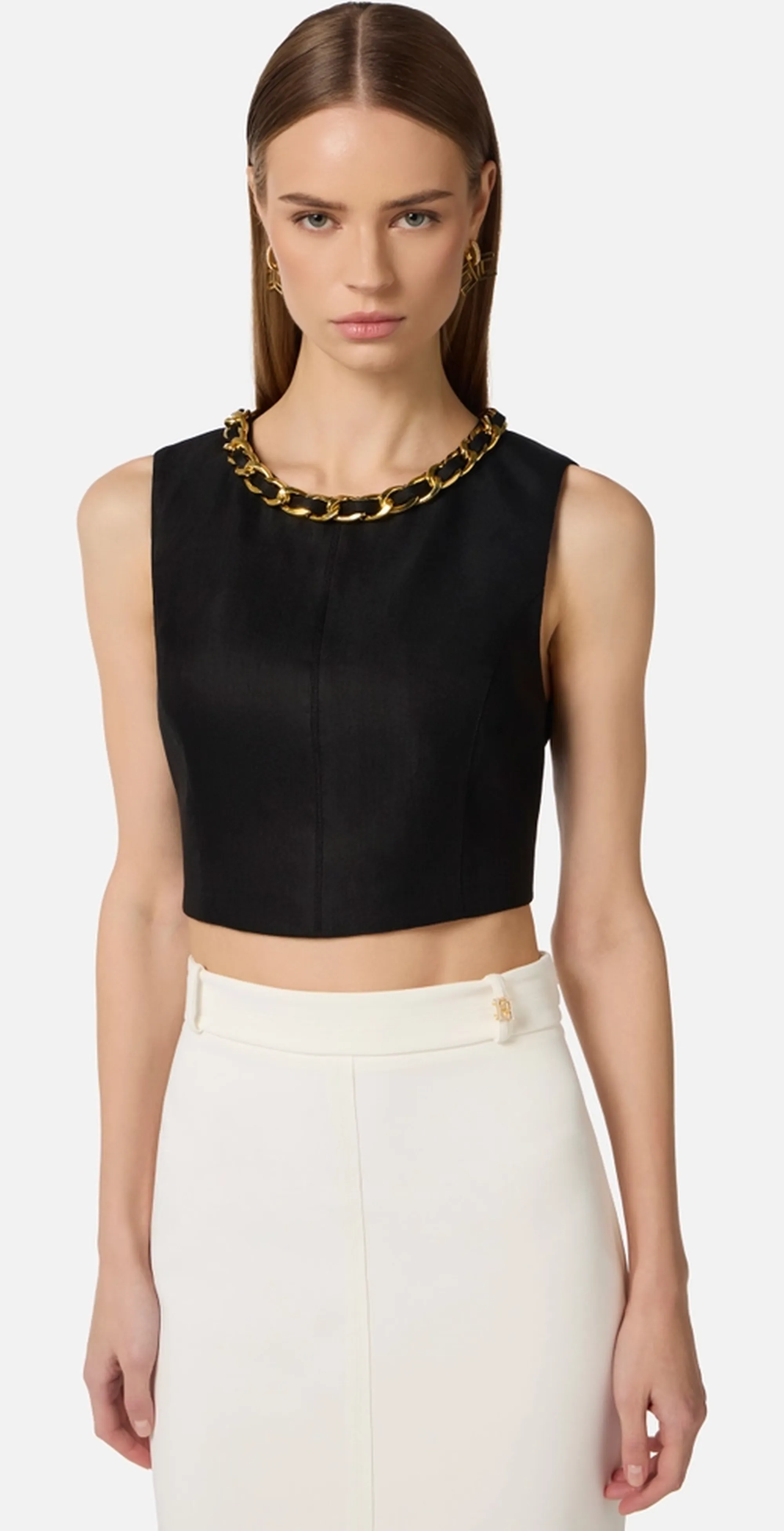 Elisabetta Franchi B'Linen Blend Top With Jewel Chain' Black To06062E2 177962