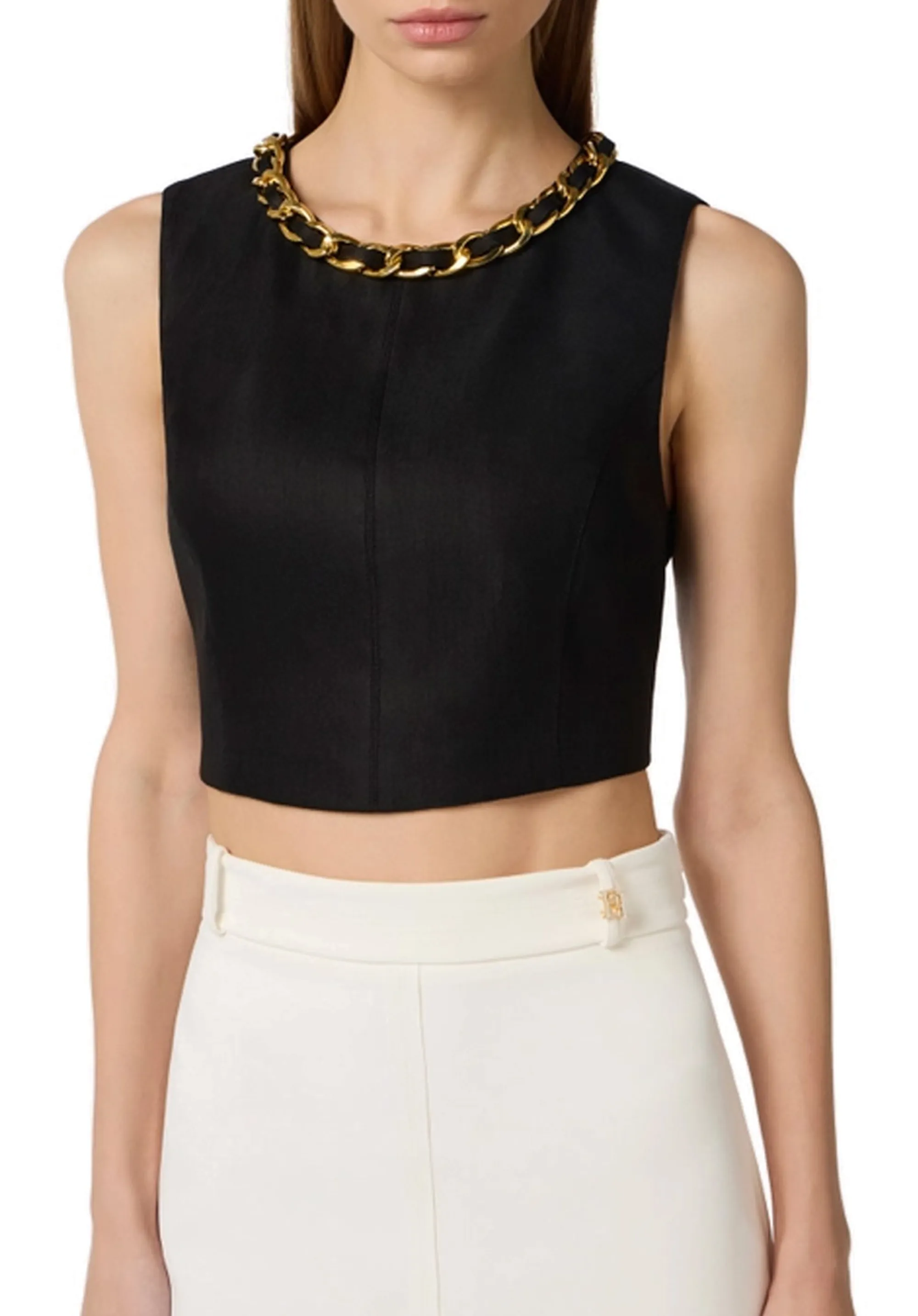 Elisabetta Franchi Top In Misto Lino Con Catena Gioiello Nero To06062E2 178577