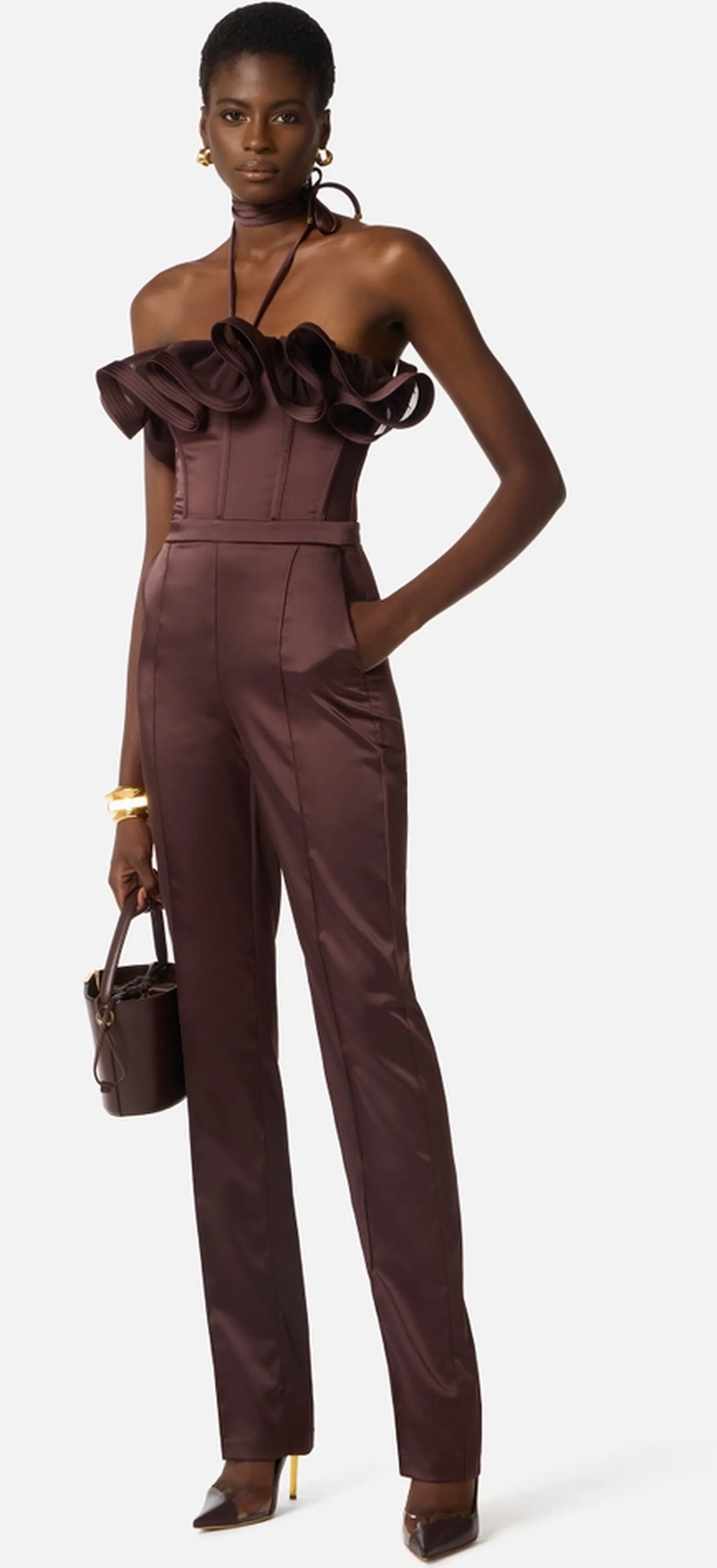 Elisabetta Franchi Tuta In Raso Con Maxi Ruche Cacao Tu06562E2 181015