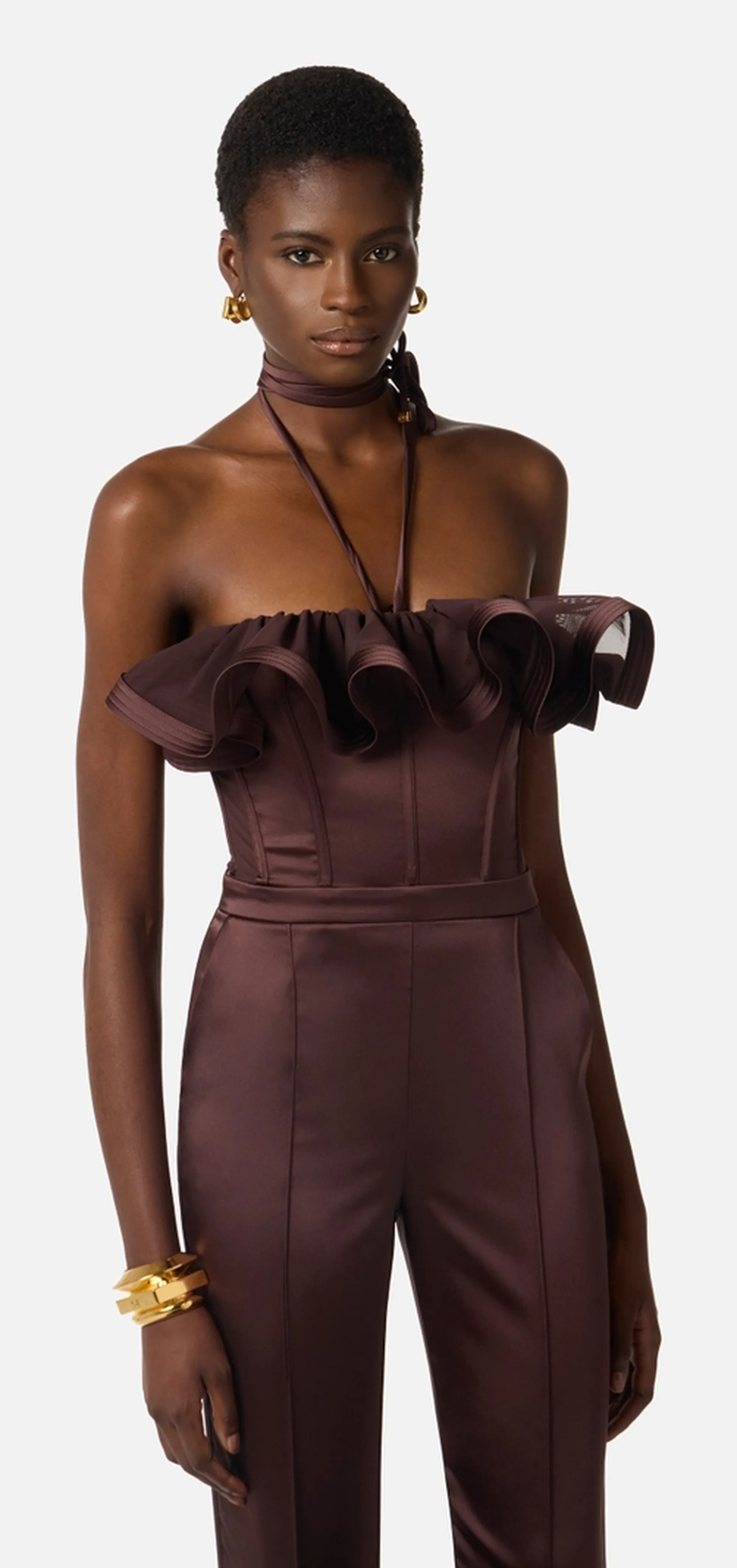 Elisabetta Franchi Tuta In Raso Con Maxi Ruche Cacao Tu06562E2 181016