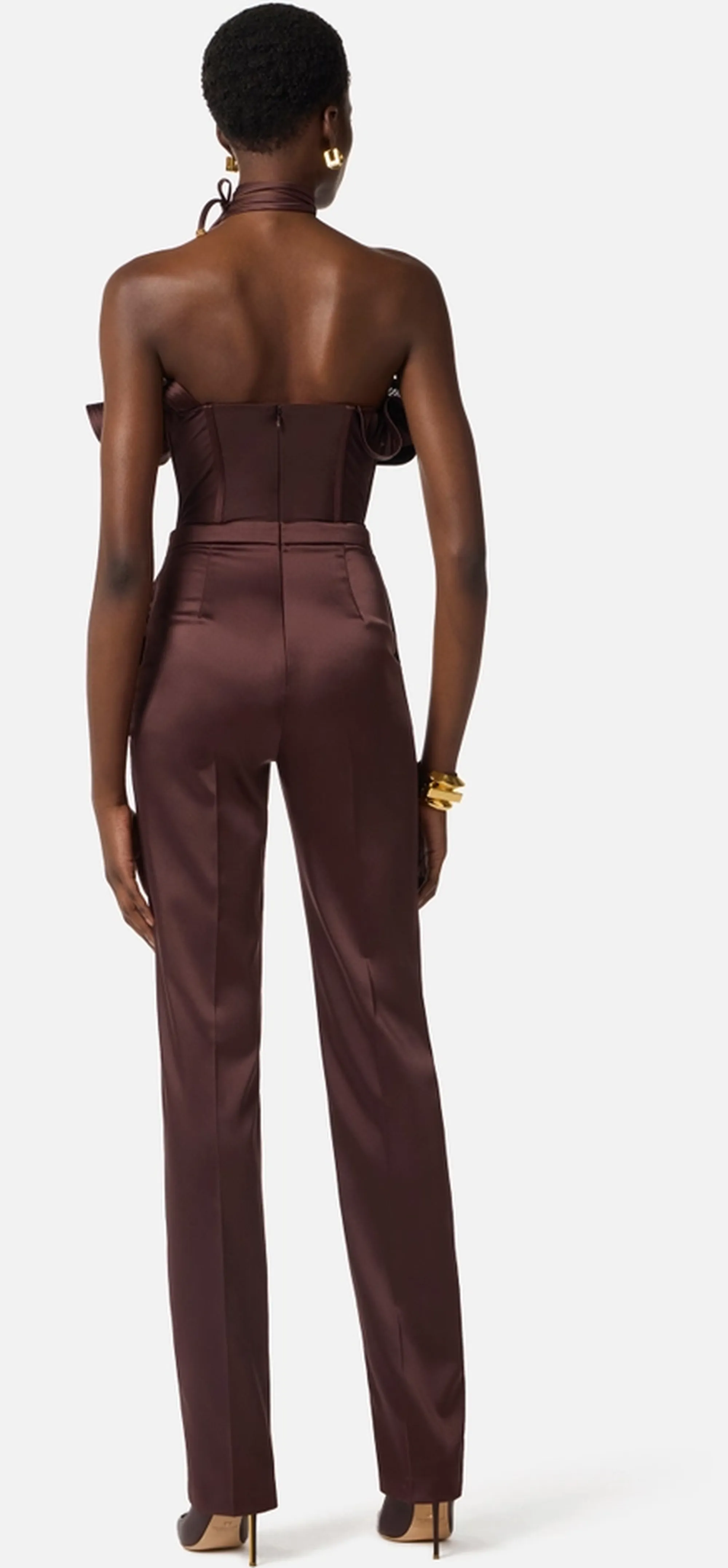 Elisabetta Franchi Tuta In Raso Con Maxi Ruche Cacao Tu06562E2 181018