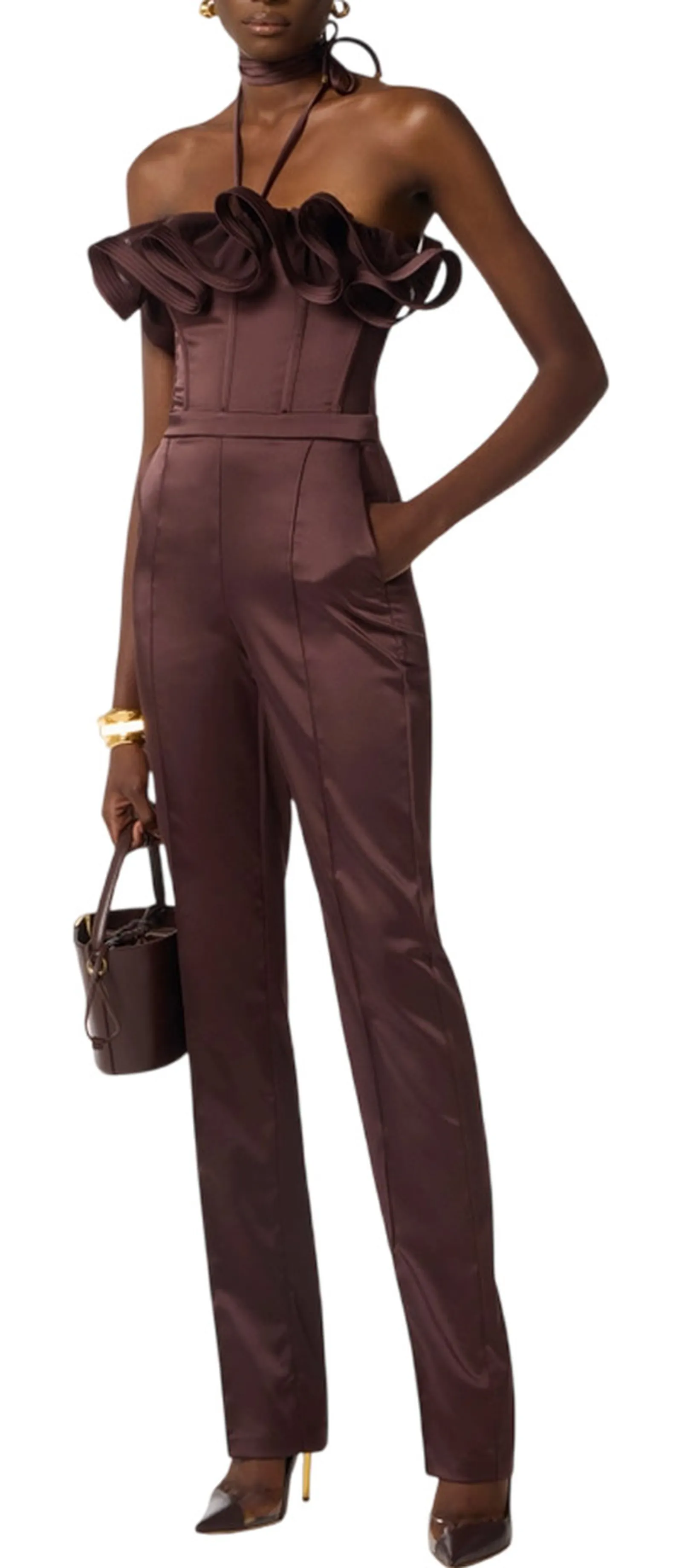 Elisabetta Franchi Tuta In Raso Con Maxi Ruche Cacao Tu06562E2 181276