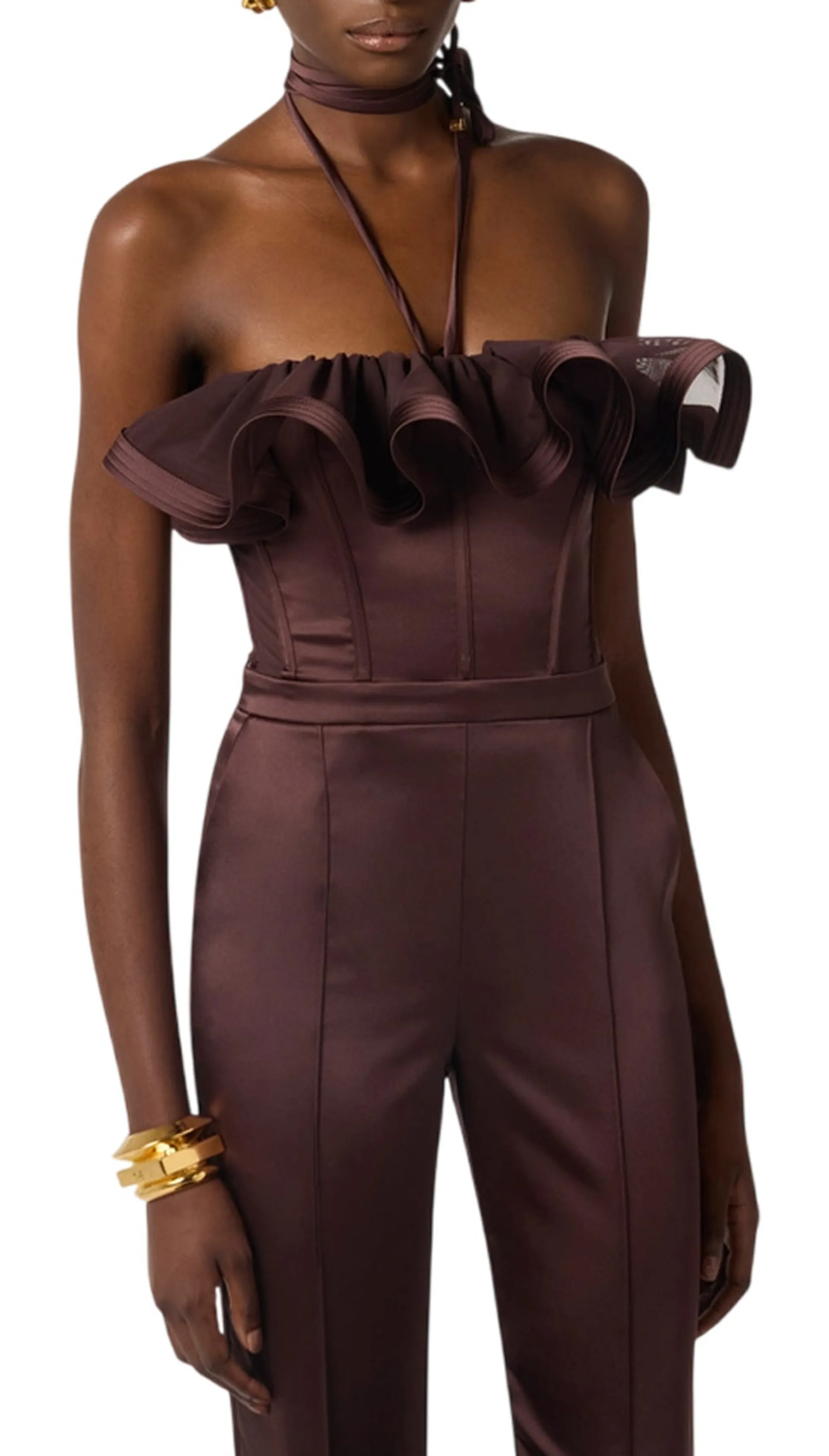 Elisabetta Franchi Tuta In Raso Con Maxi Ruche Cacao Tu06562E2 181278