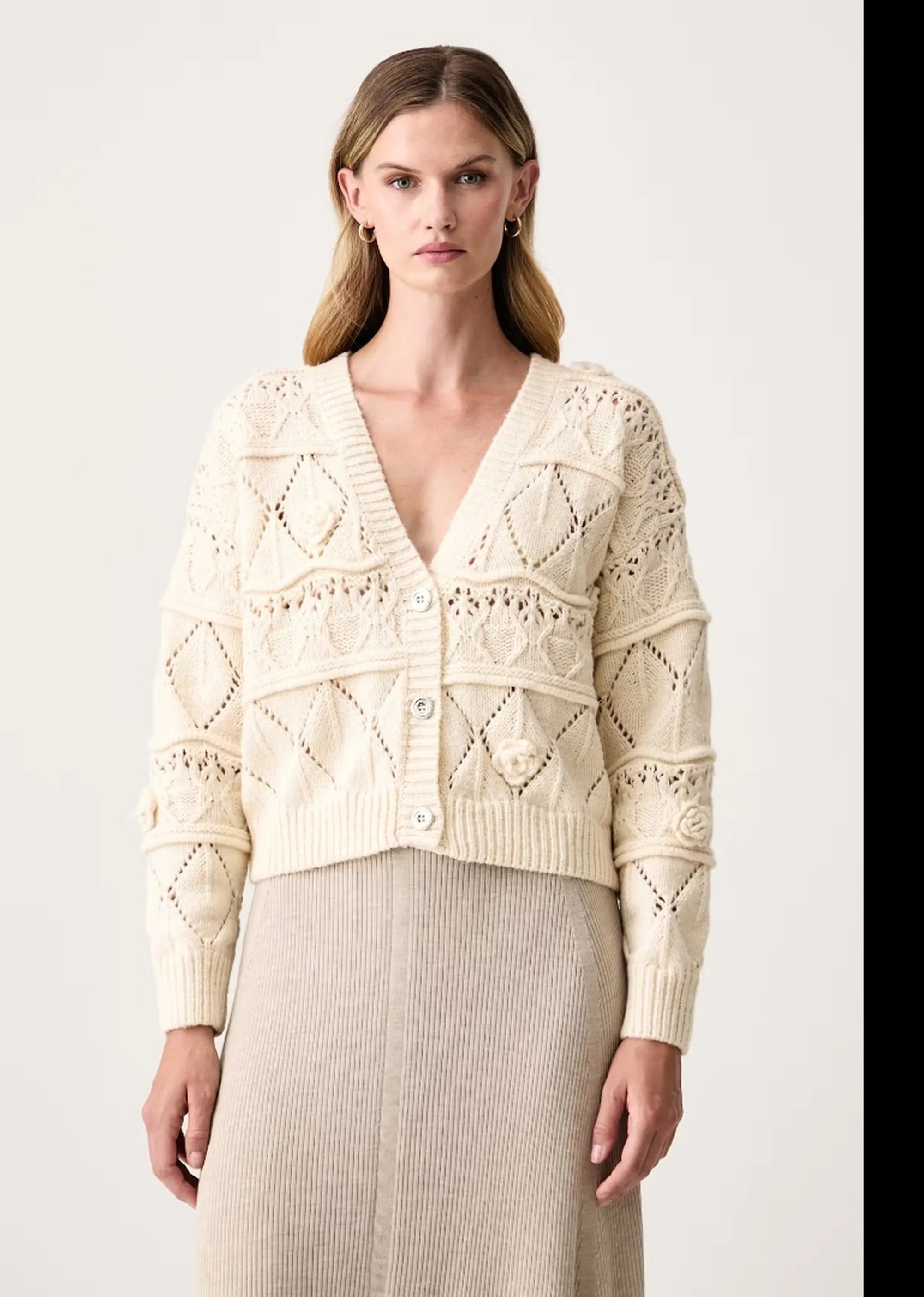 Fracomina Cardigan Con Punto Treccia E Trafori Panna Fy26Wt8038K47401 192910