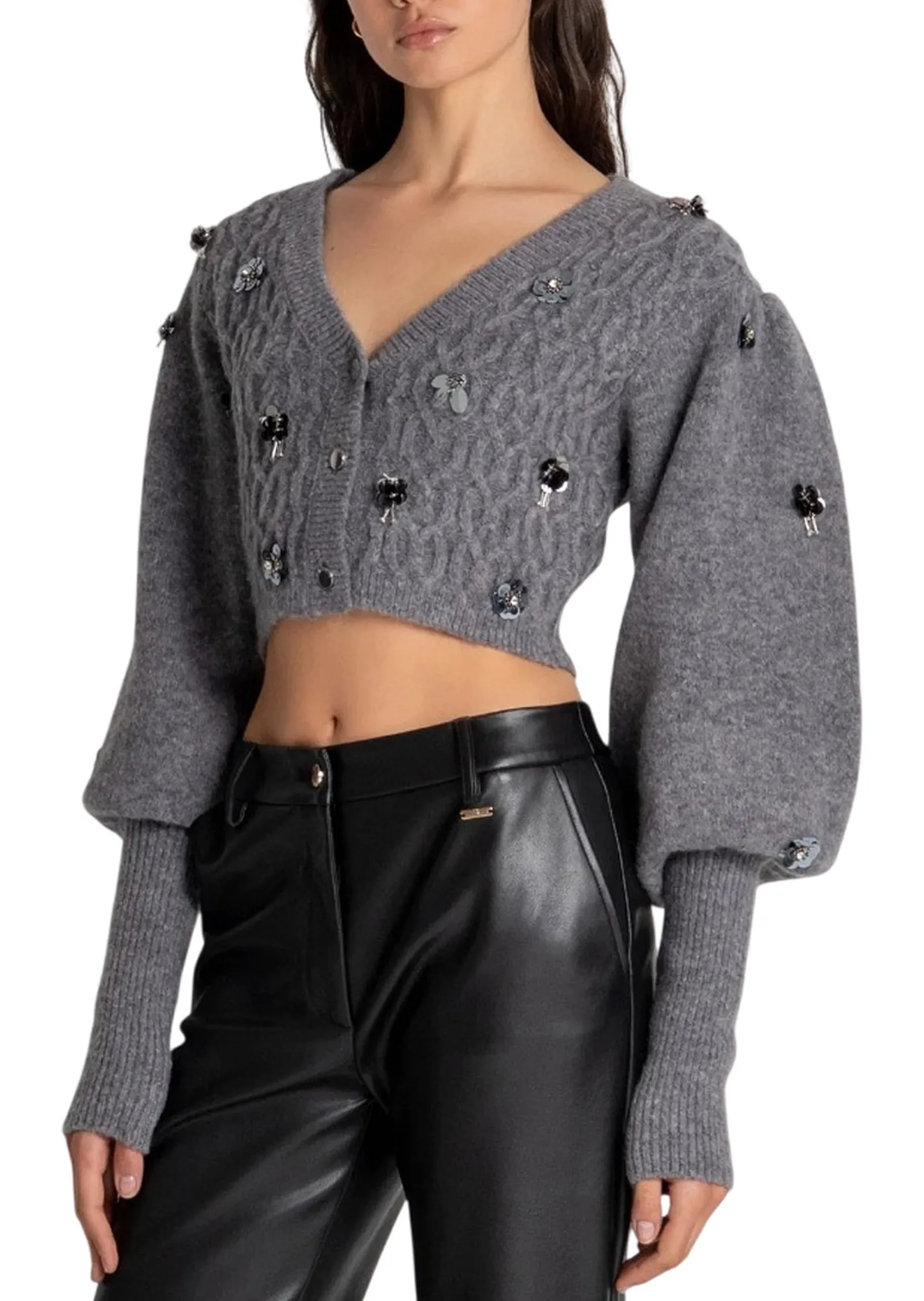 Fracomina Cardigan Cropped Con Punto Treccia Grigio Fr26Wt8029K463R9 195103