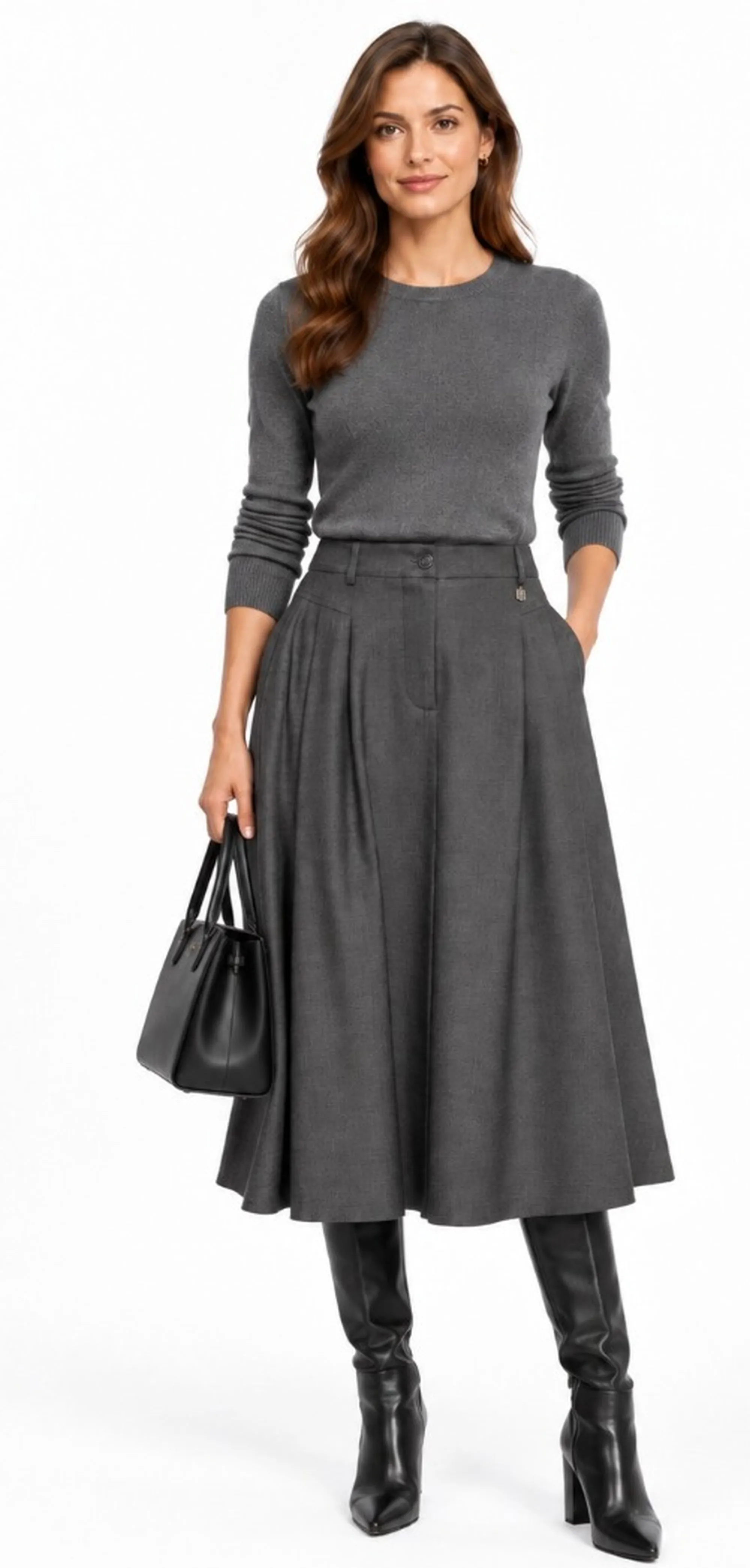Fracomina Gonna Flare Midi A Vita Alta Grigio Fr26Wg2002W81301 192869