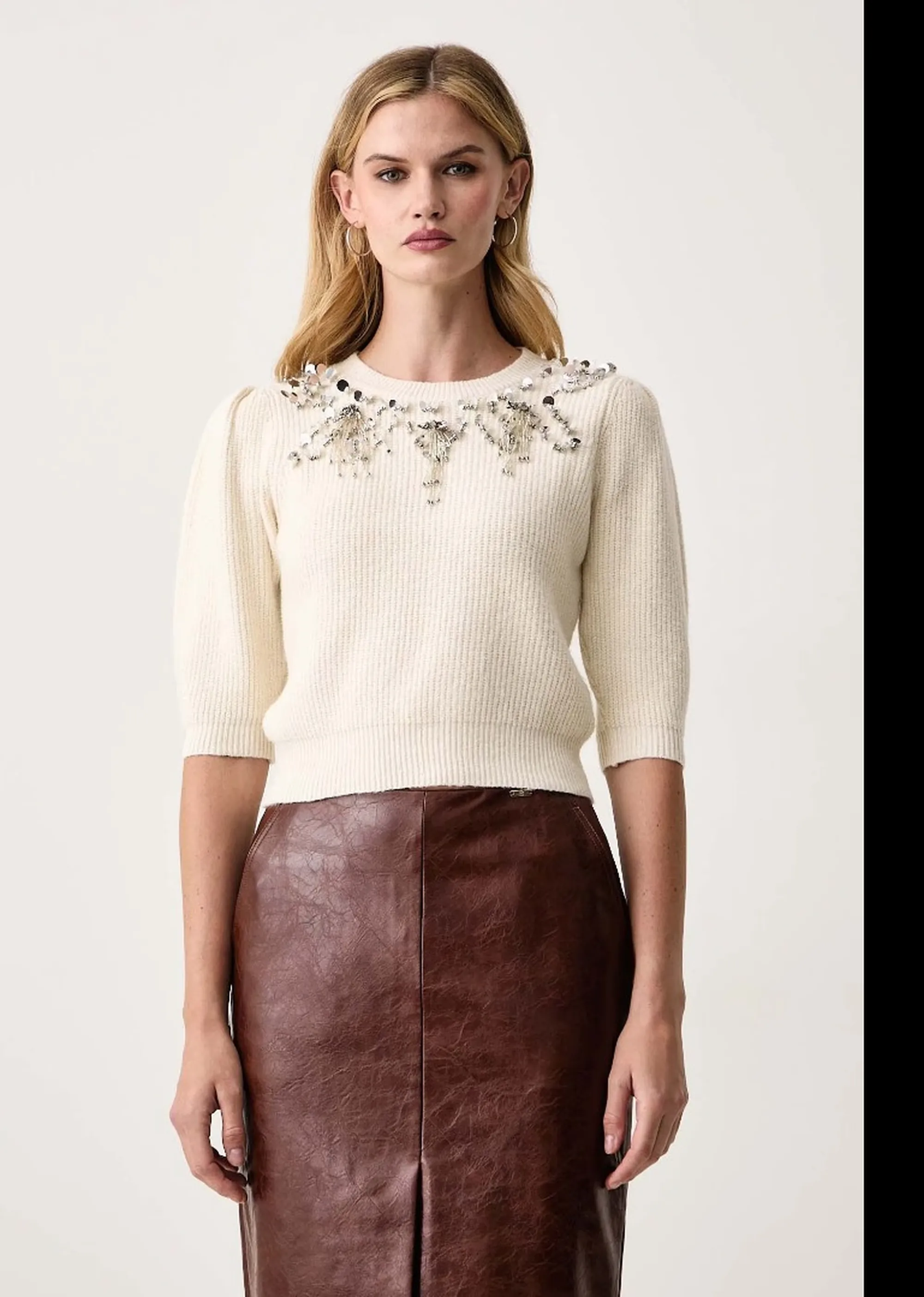 Fracomina Maglia Cropped Con Applicazioni Gioiello Panna Fy26Wt7058K458R9 192970