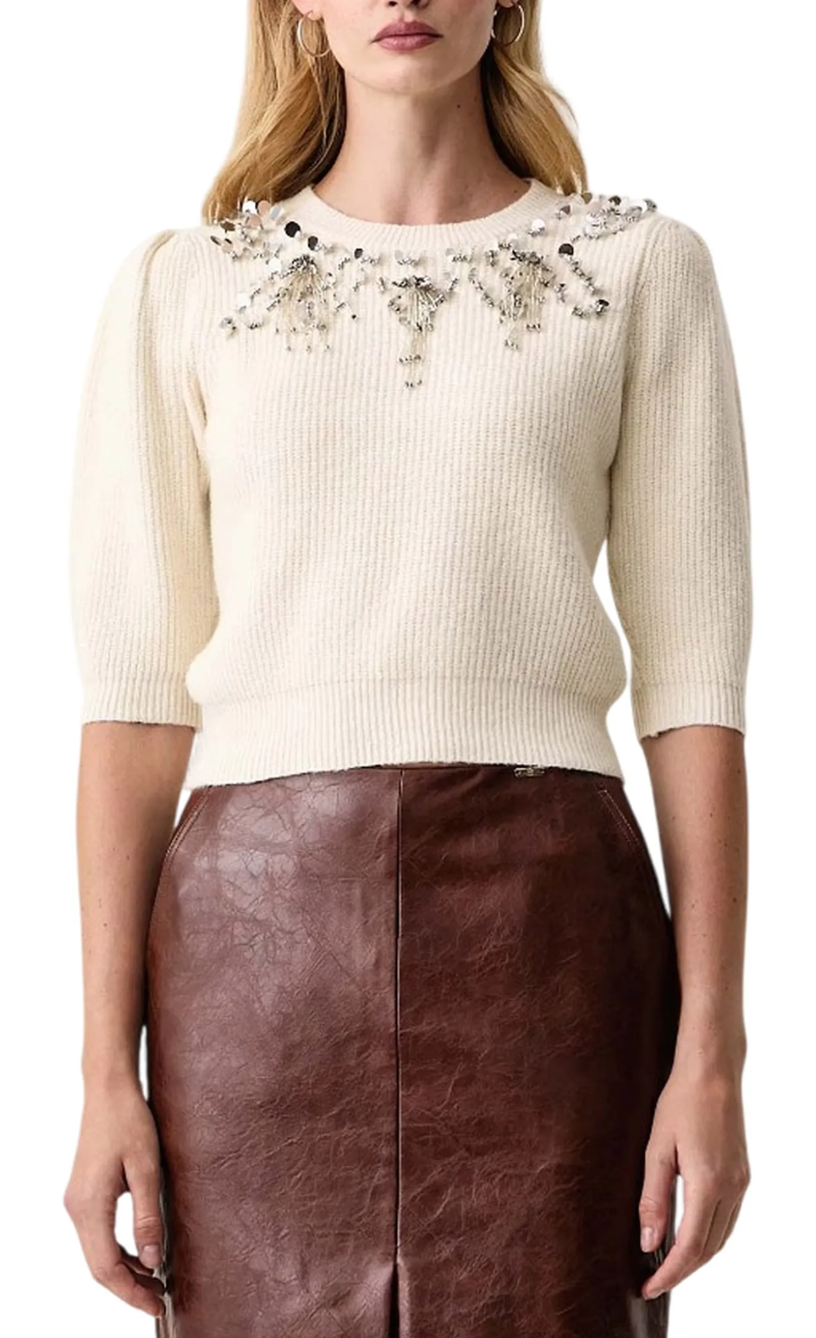 Fracomina Maglia Cropped Con Applicazioni Gioiello Panna Fy26Wt7058K458R9 194975