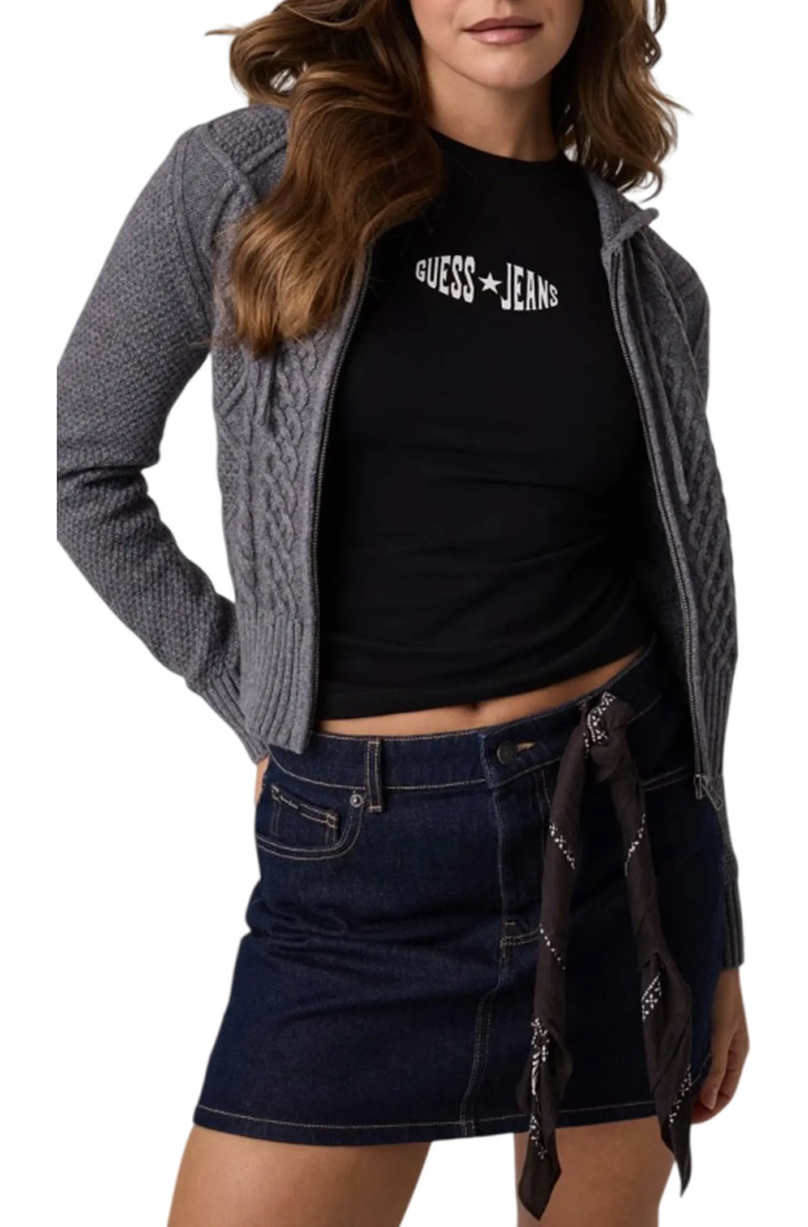 Guess Jeans Cardigan Con Zip In Misto Lana Grigio Scuro W6Br13Z1256 188083