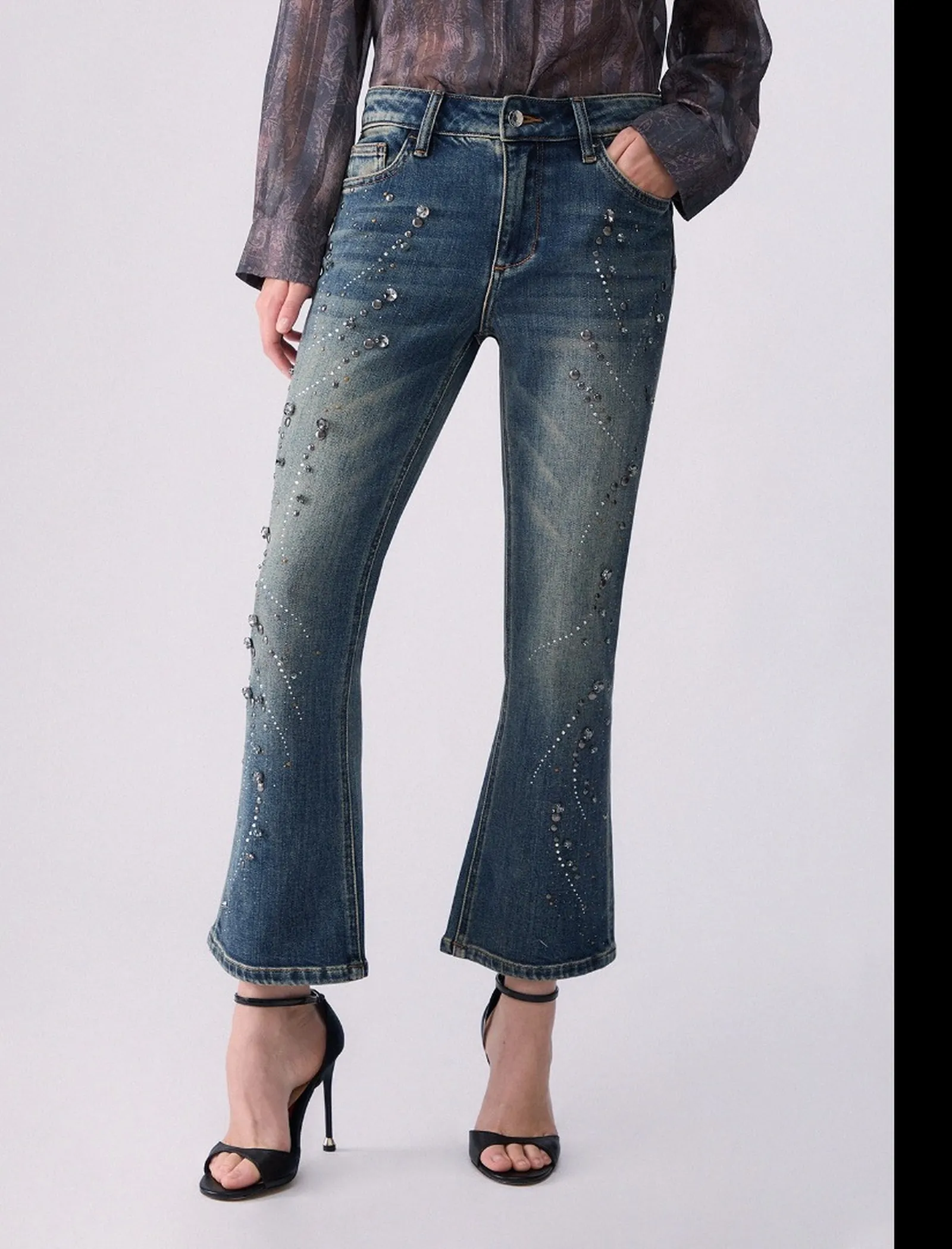 Liujo Denim Jeans Flare Con Ricami Gioiello Denim Uf6040D0365 188643