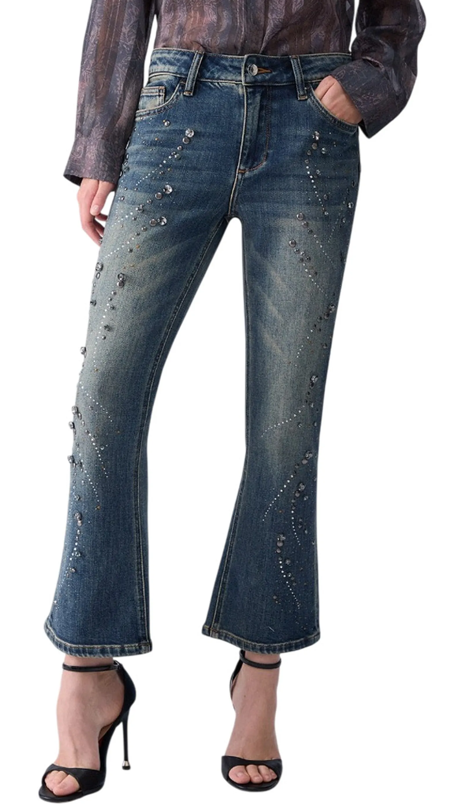 Liujo Denim Jeans Flare Con Ricami Gioiello Denim Uf6040D0365 188994