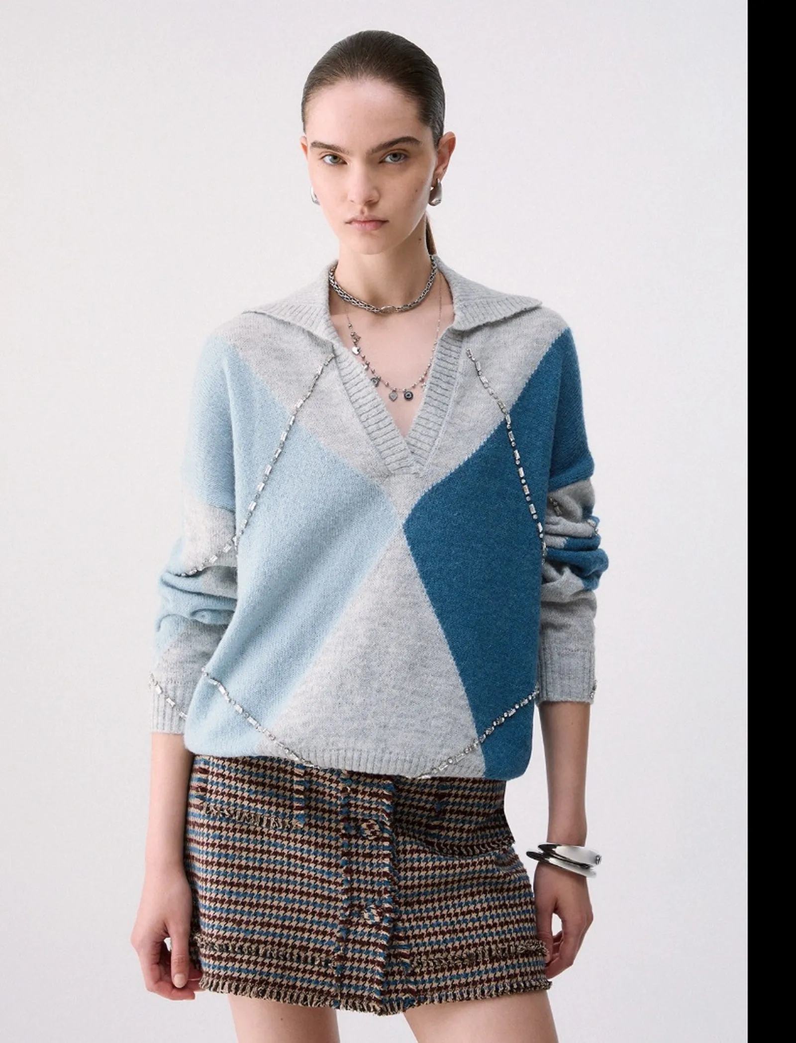 Liujo Jeans Maglia Argyle Con Ricami Gioiello Blu Wf6182Ma15R 188848