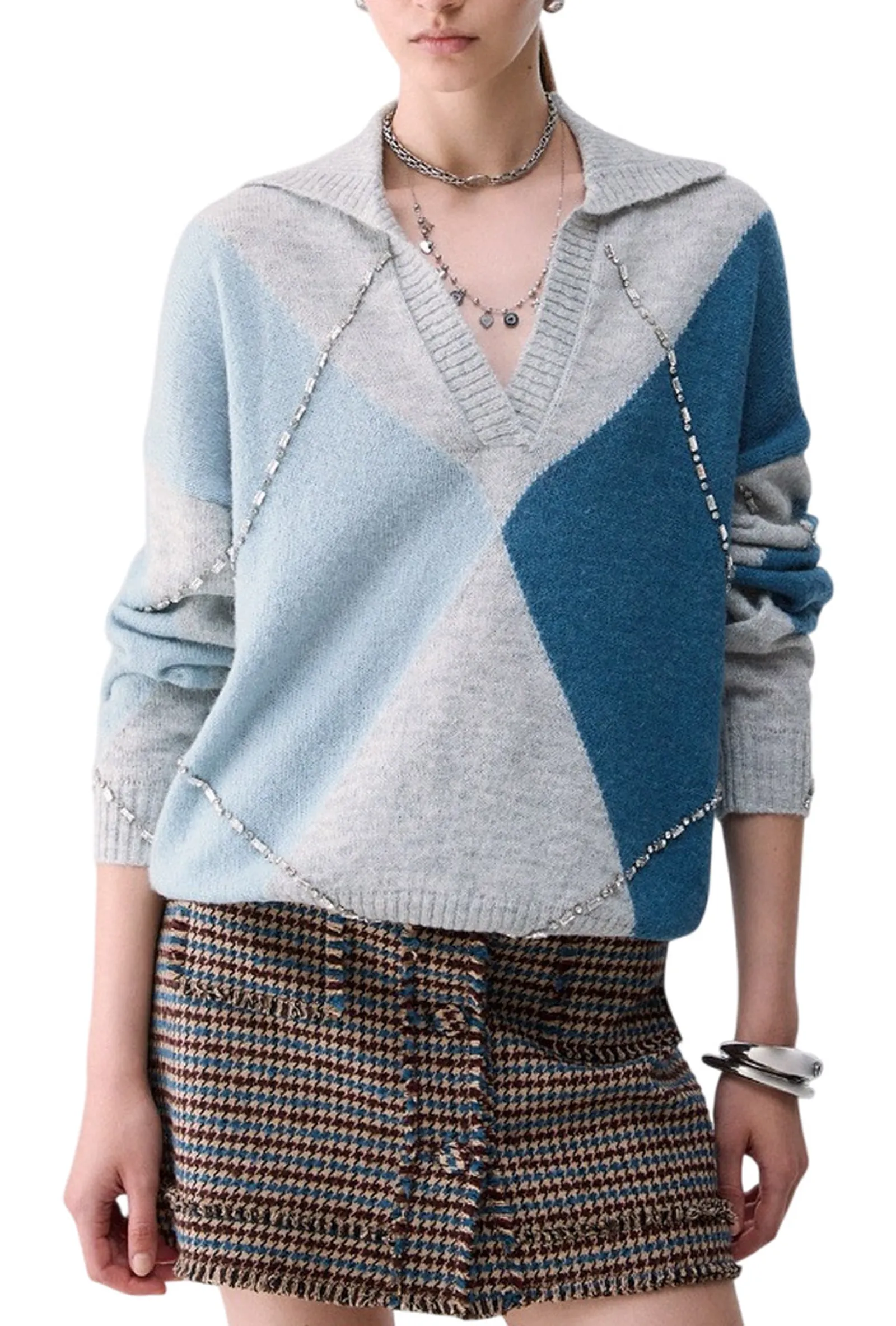 Liujo Jeans Maglia Argyle Con Ricami Gioiello Blu Wf6182Ma15R 188937
