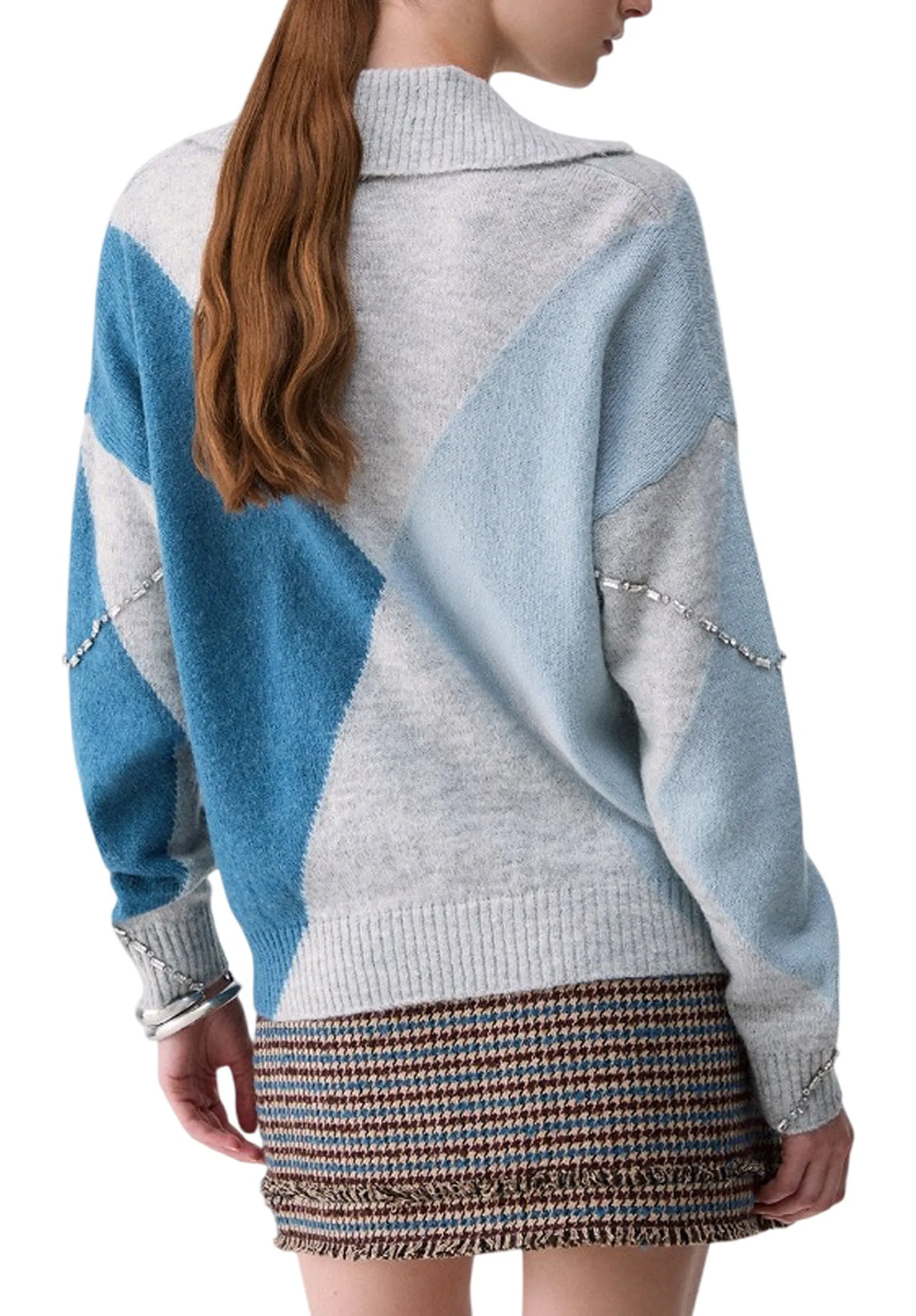 Liujo Jeans Maglia Argyle Con Ricami Gioiello Blu Wf6182Ma15R 188941