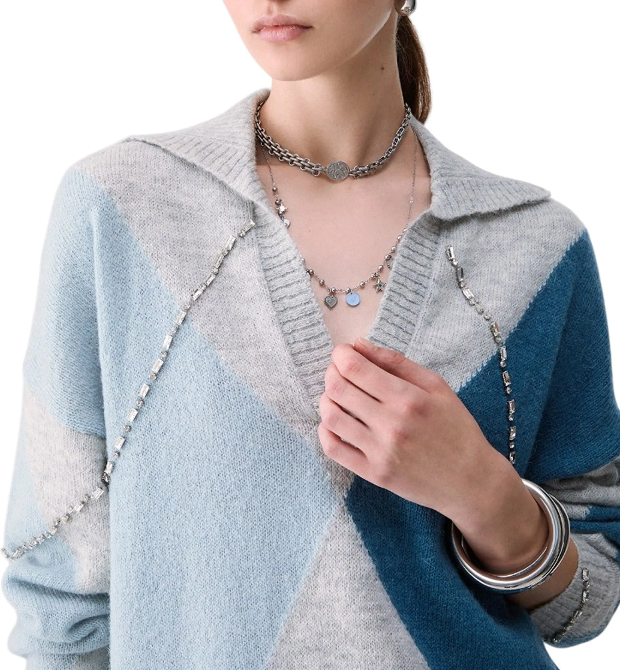 Liujo Jeans Maglia Argyle Con Ricami Gioiello Blu Wf6182Ma15R 188943