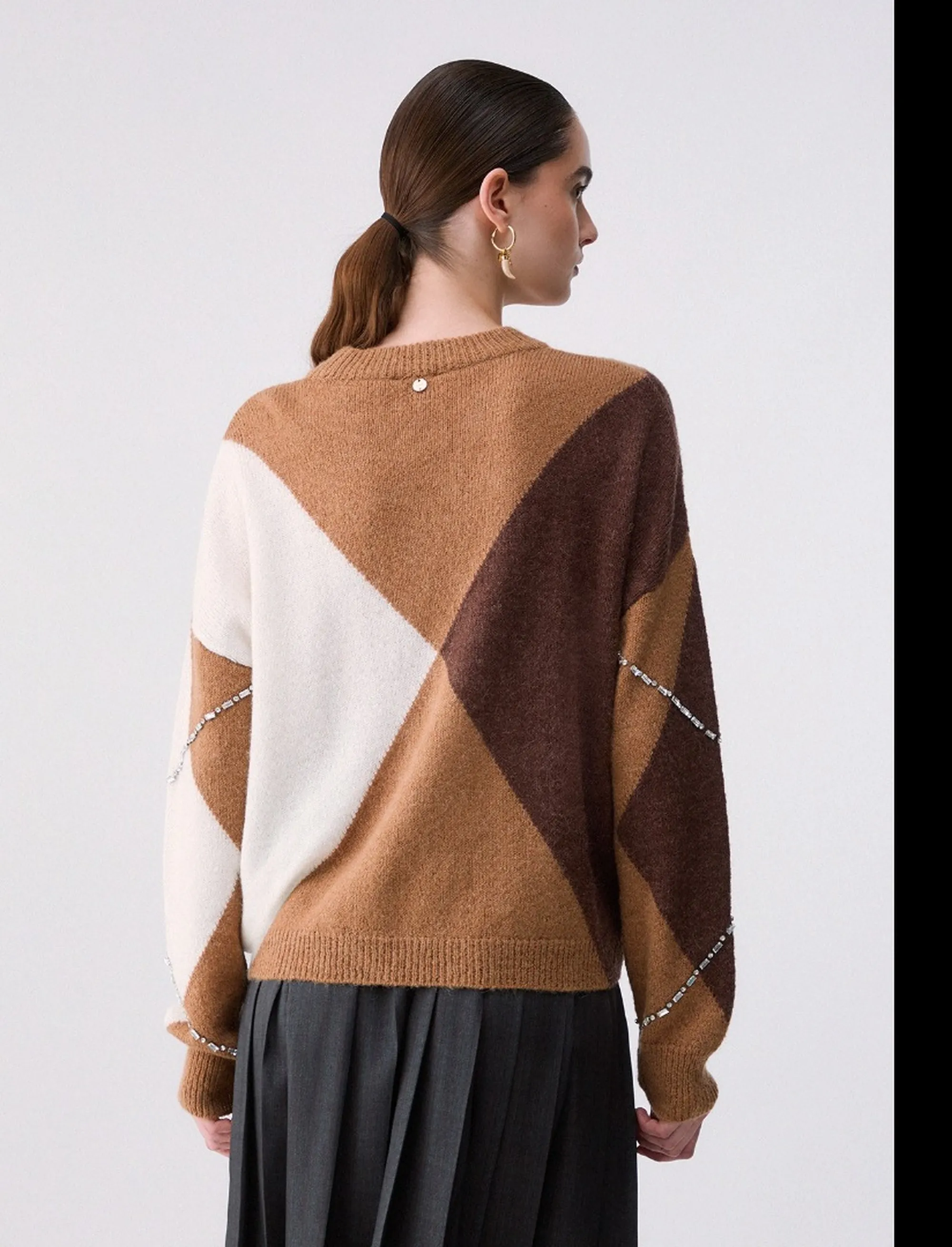 Liujo Jeans B'Argyle Sweater With Jewel Embroidery' Camel Wf6184Ma15R 188861