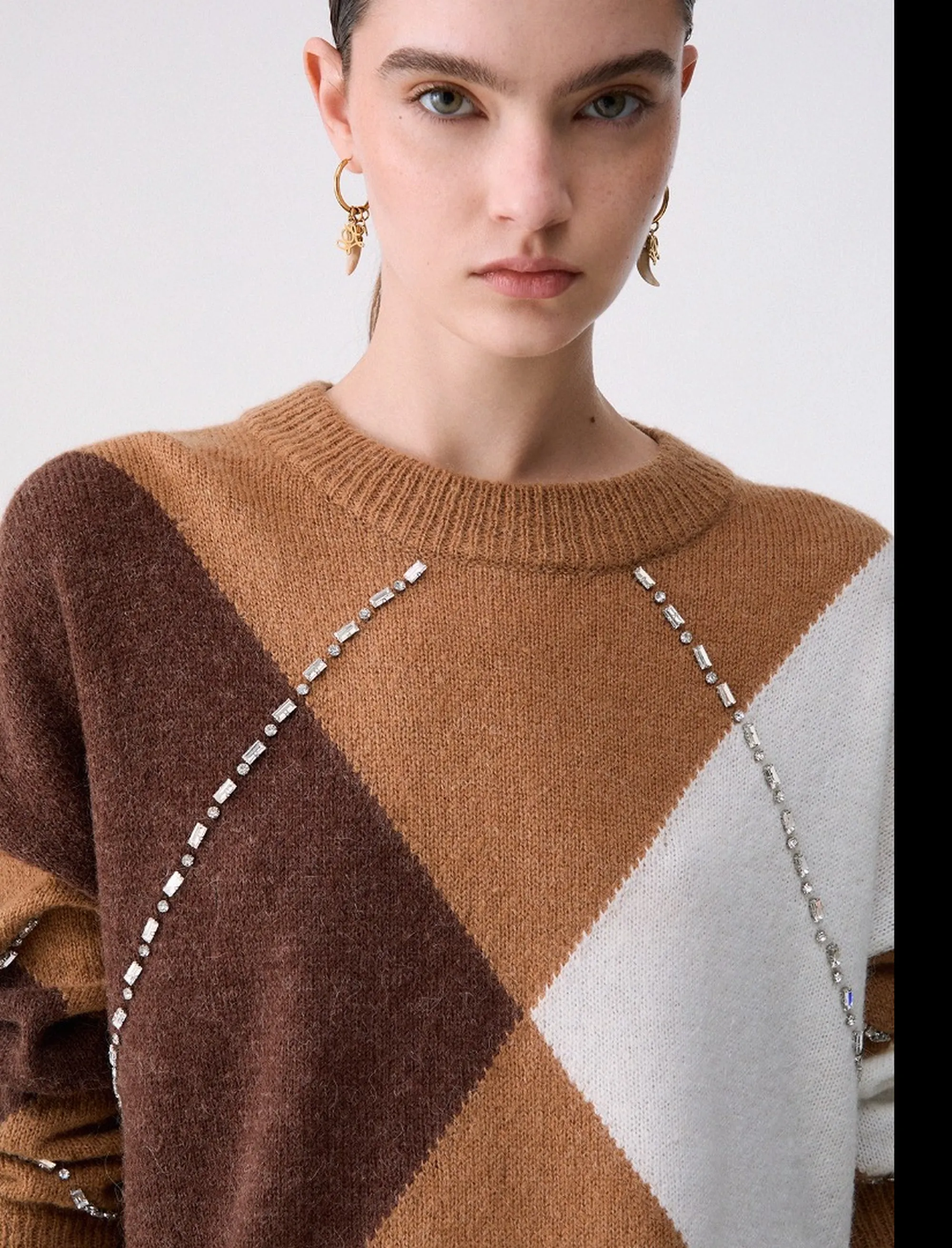 Liujo Jeans B'Argyle Sweater With Jewel Embroidery' Camel Wf6184Ma15R 188862