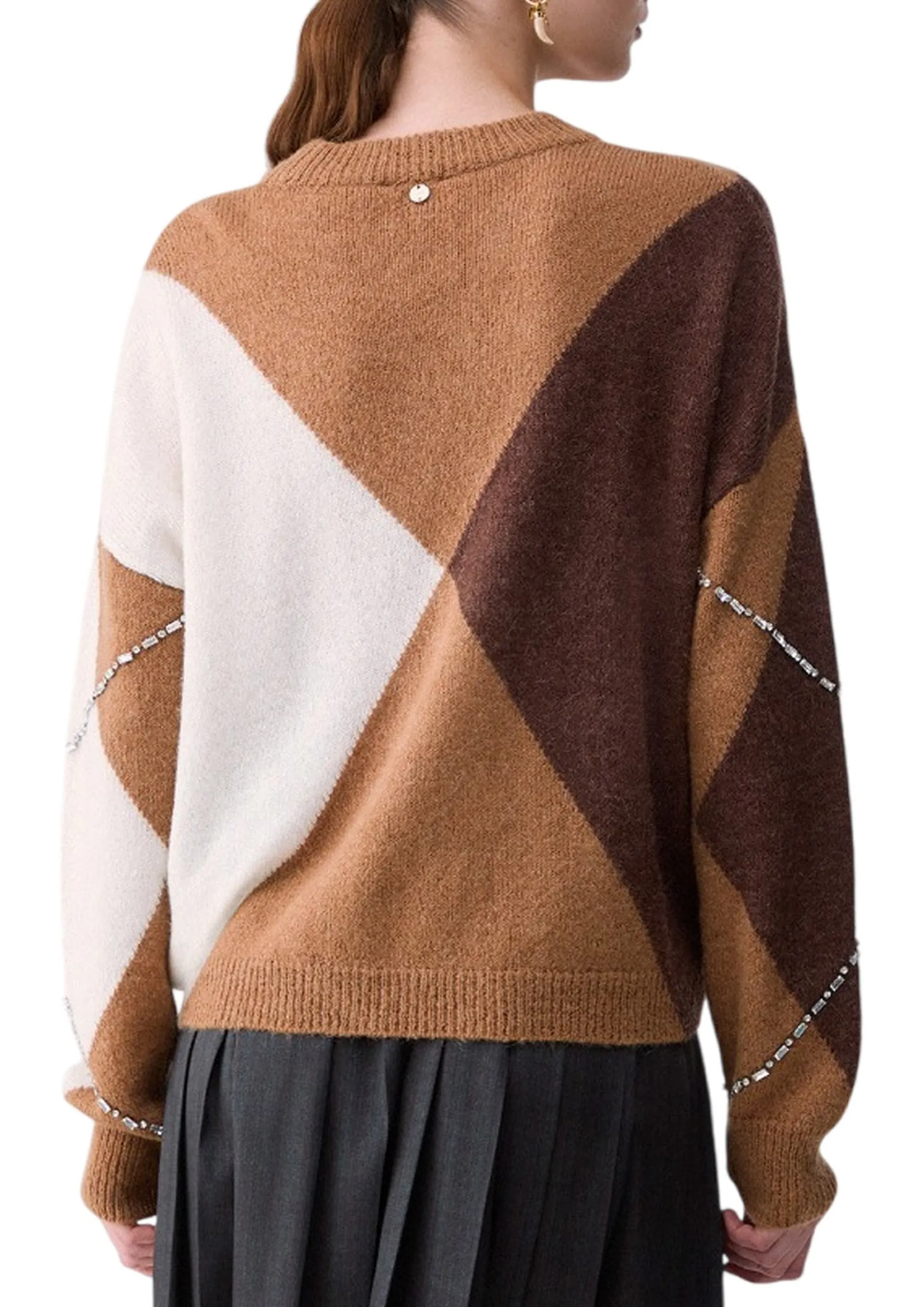 Liujo Jeans Maglia Argyle Con Ricami Gioiello Cammello Wf6184Ma15R 188958