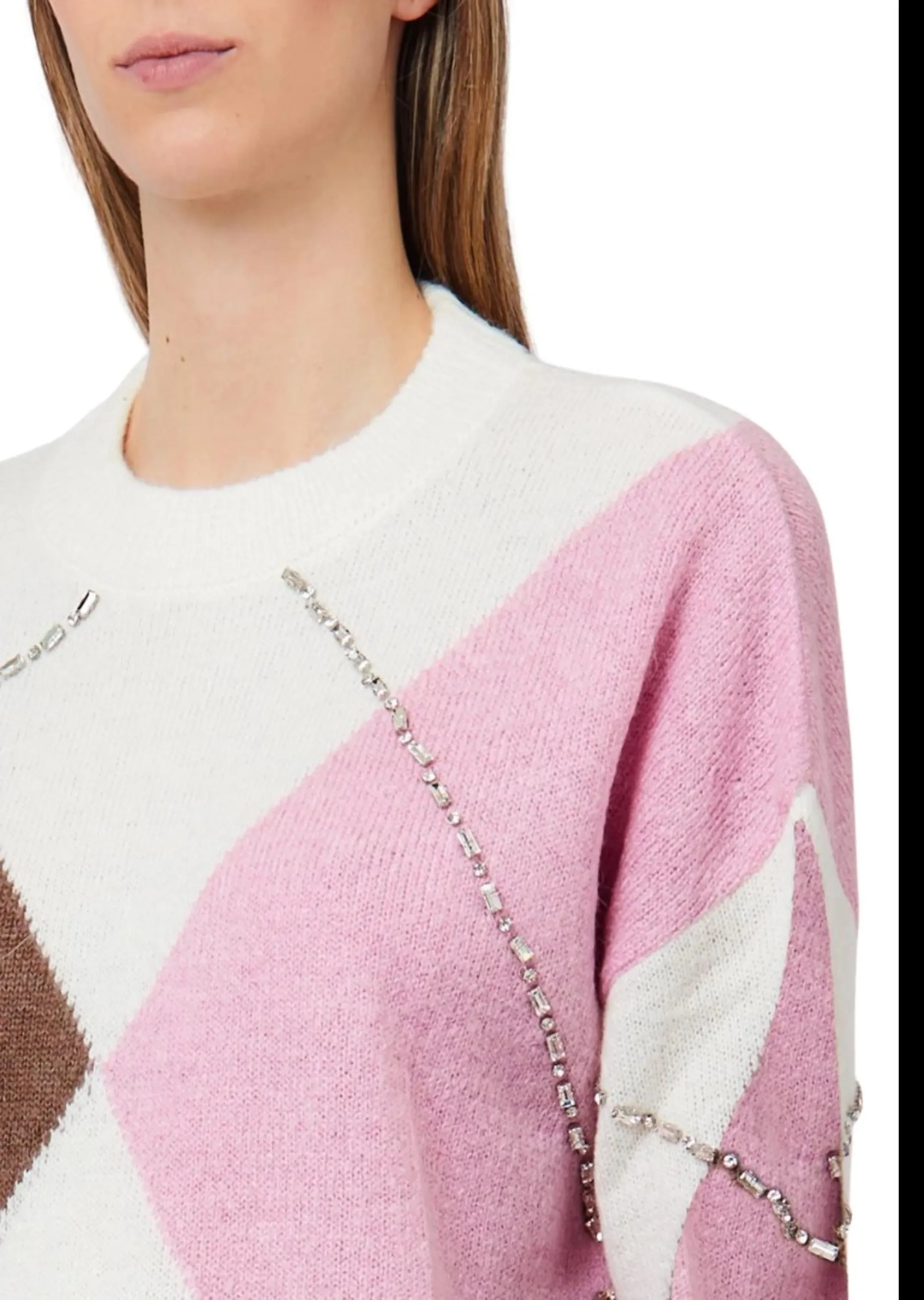 Liujo Jeans B'Argyle Sweater With Jewel Embroidery' Pink Wf6184Ma15R 188865