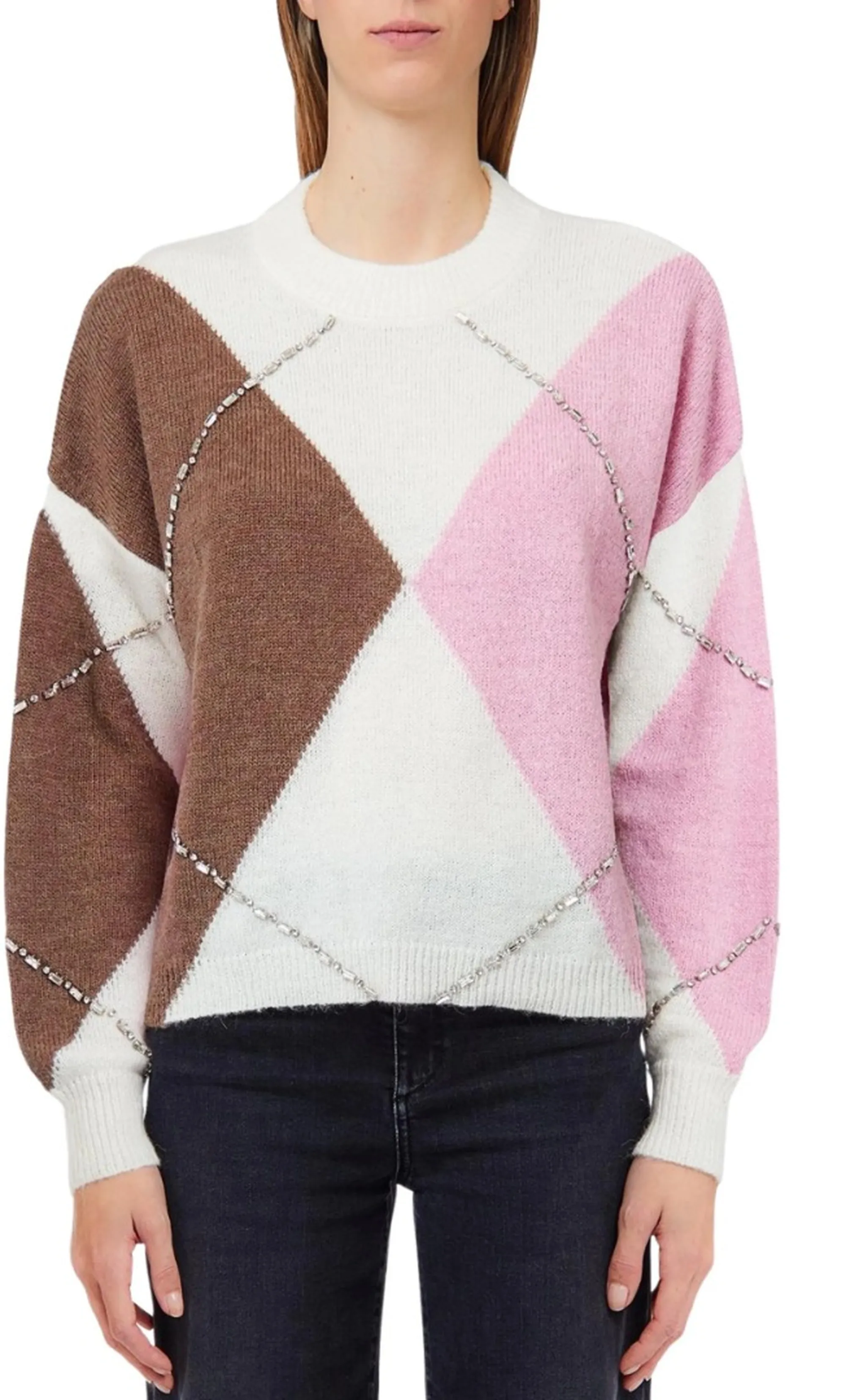 Liujo Jeans B'Argyle Sweater With Jewel Embroidery' Pink Wf6184Ma15R 188866