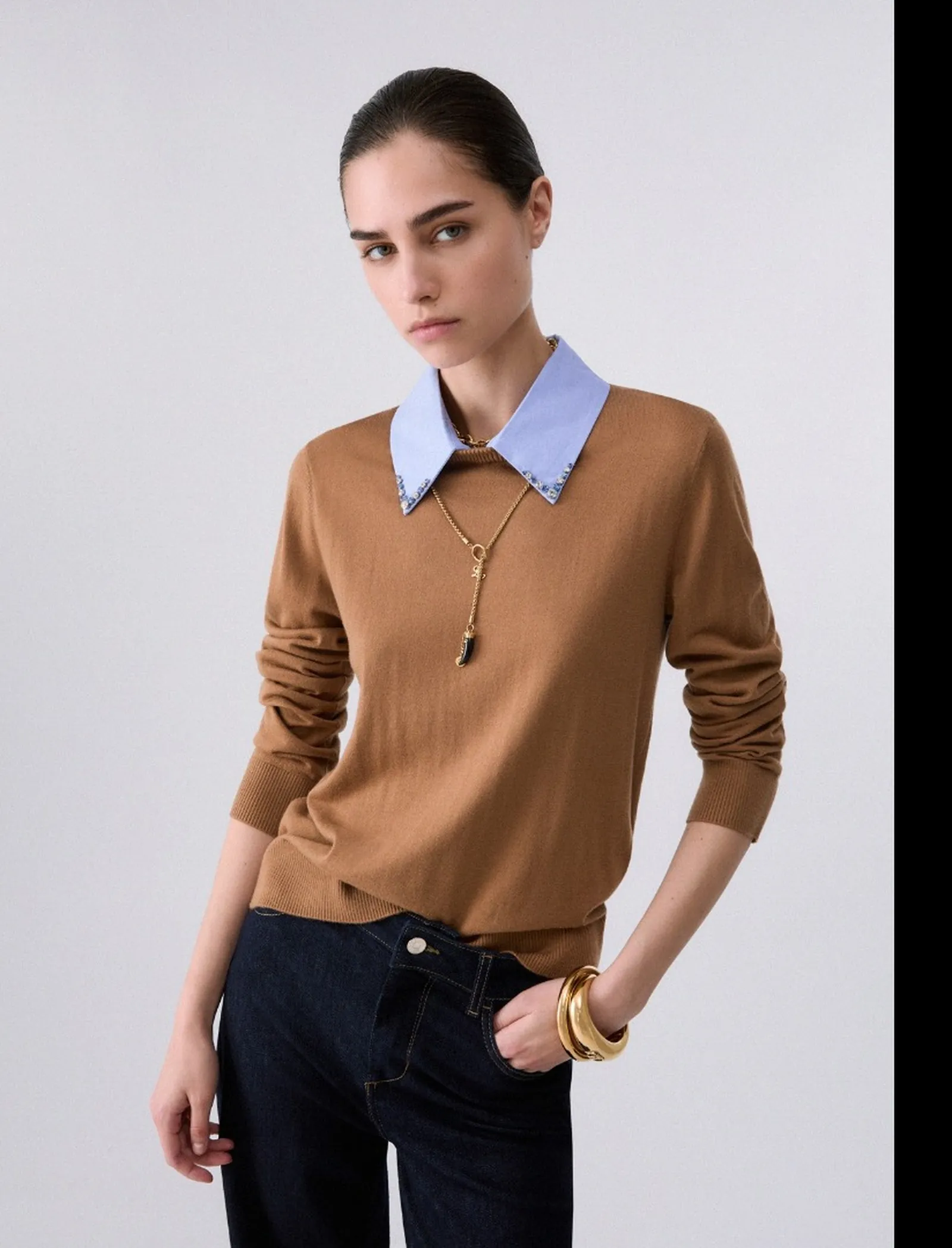 Liujo Jeans Maglia Con Dettaglio Popeline Beige Wf6452Ma16R 185483