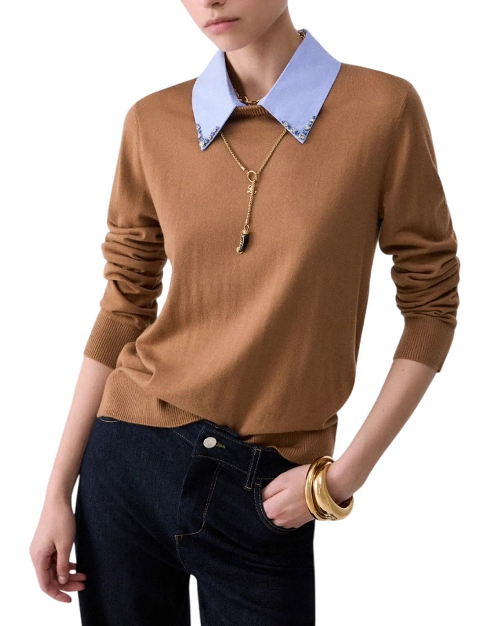 Liujo Jeans Maglia Con Dettaglio Popeline Beige Wf6452Ma16R 186251