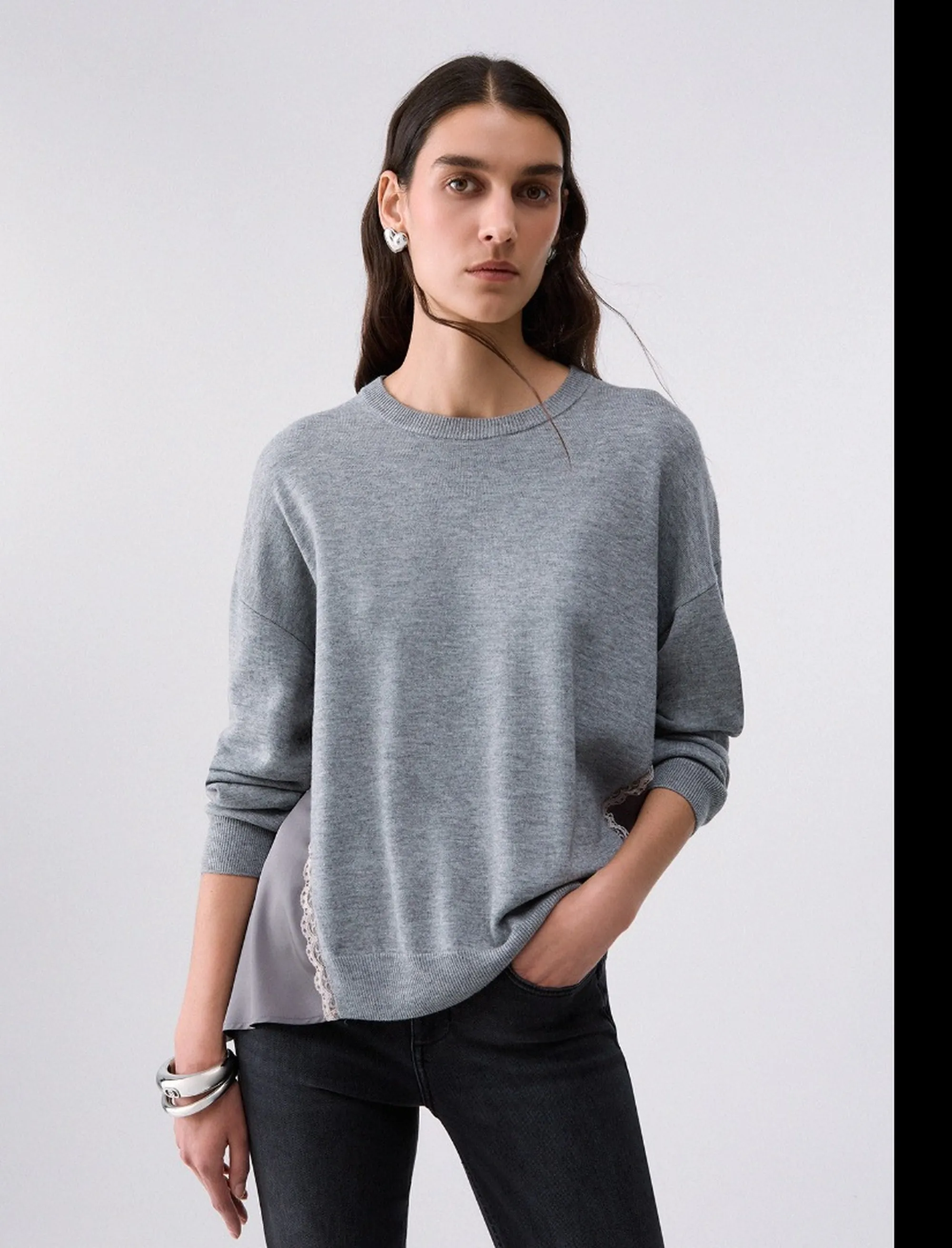 Liujo Jeans Maglia Con Inserti In Raso Liujo Grigio Wf6290Ma16R 185600