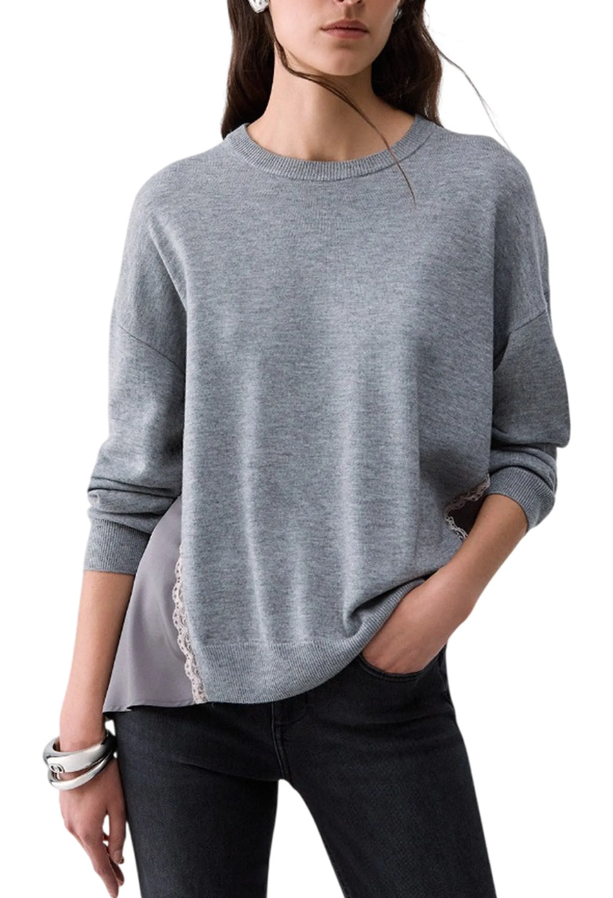 Liujo Jeans B'Liujo Sweater With Satin Inserts' Grey Wf6290Ma16R 186134